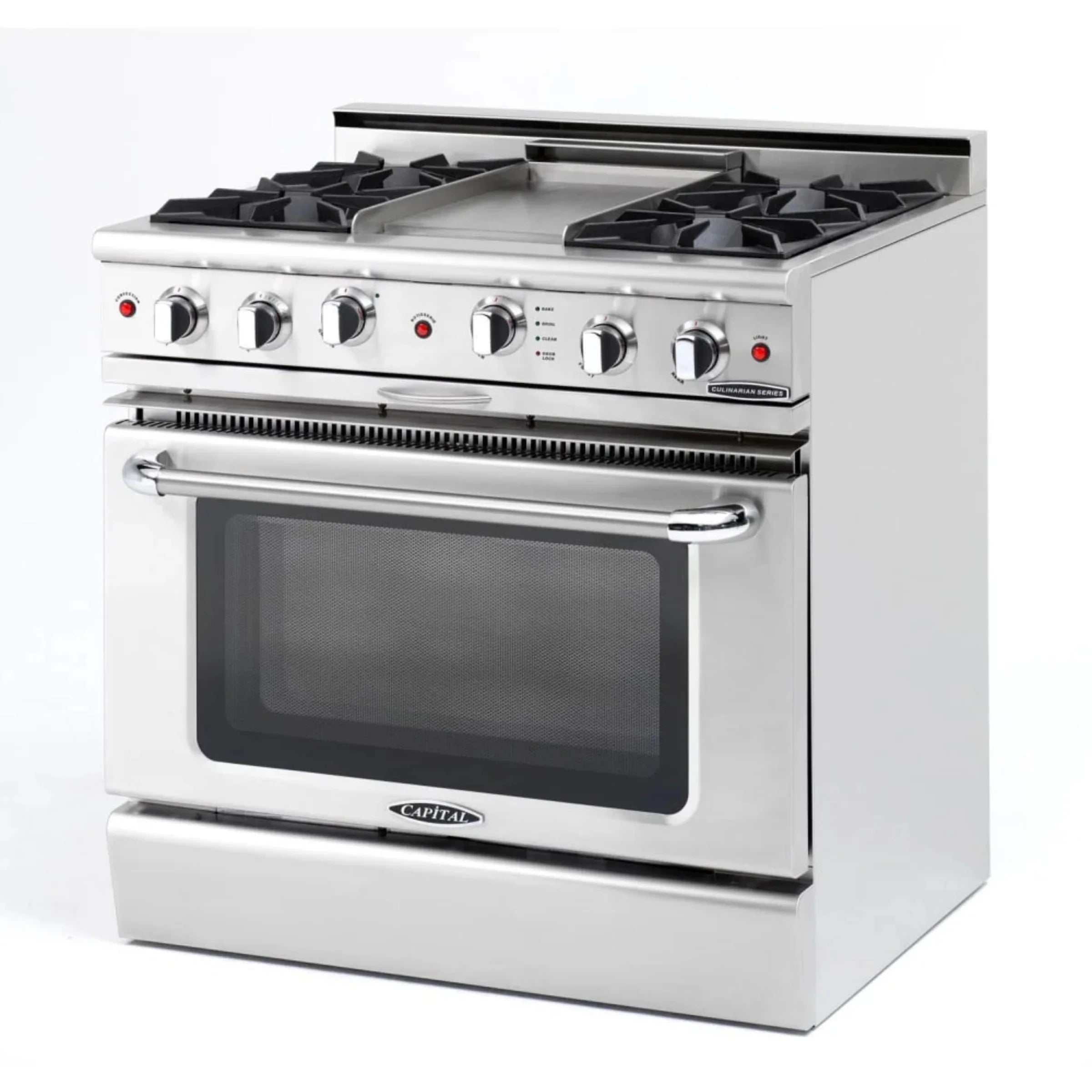 Stainless steel gas range front with oven door window and burner control knobs