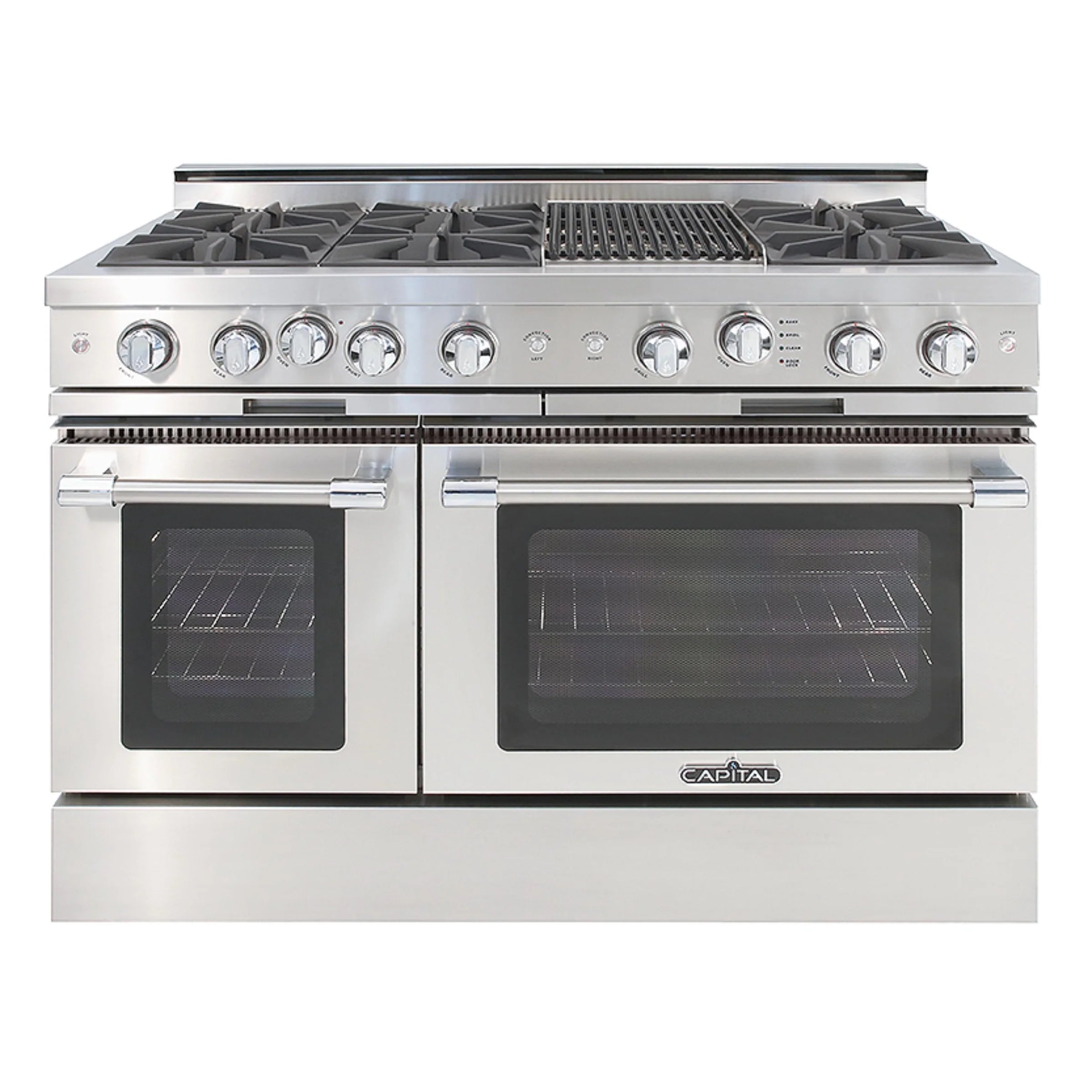 Stainless steel freestanding all-gas range with double ovens and cooktop burners