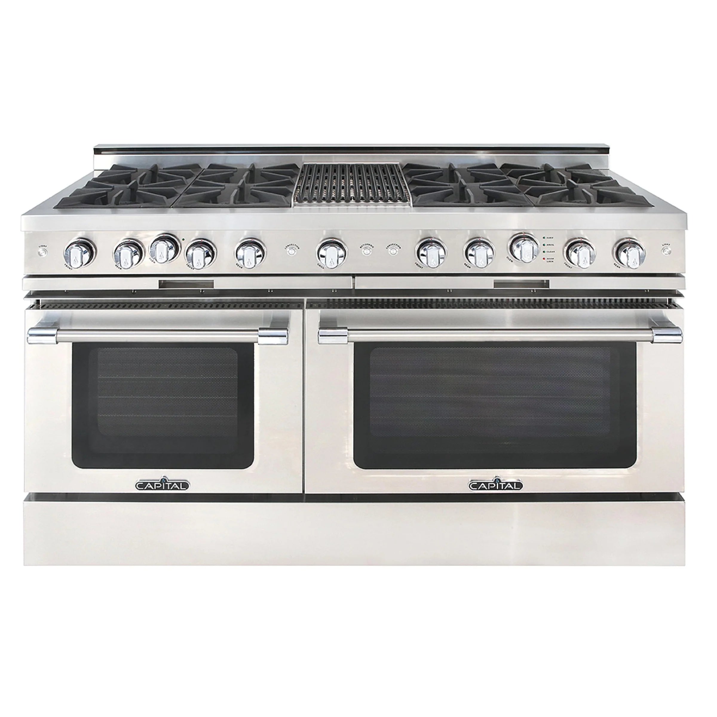 Stainless steel 60-inch gas range with eight burners and two oven doors