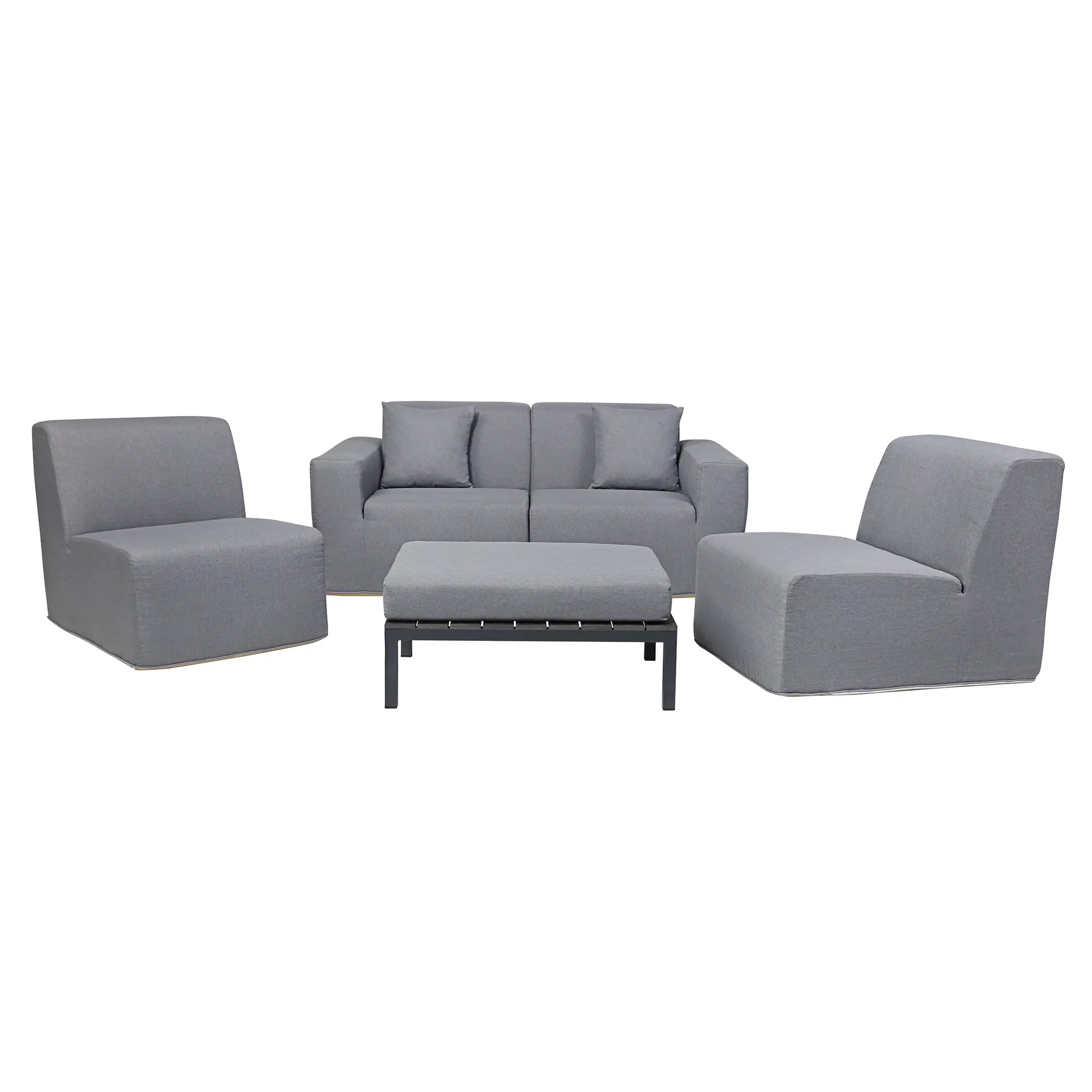 Gray sectional seating set with sofa, two armchairs, and rectangular coffee table