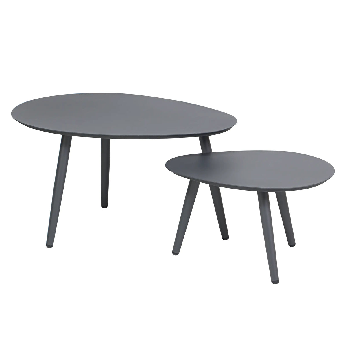 Gray round nesting coffee tables with slender tapered legs