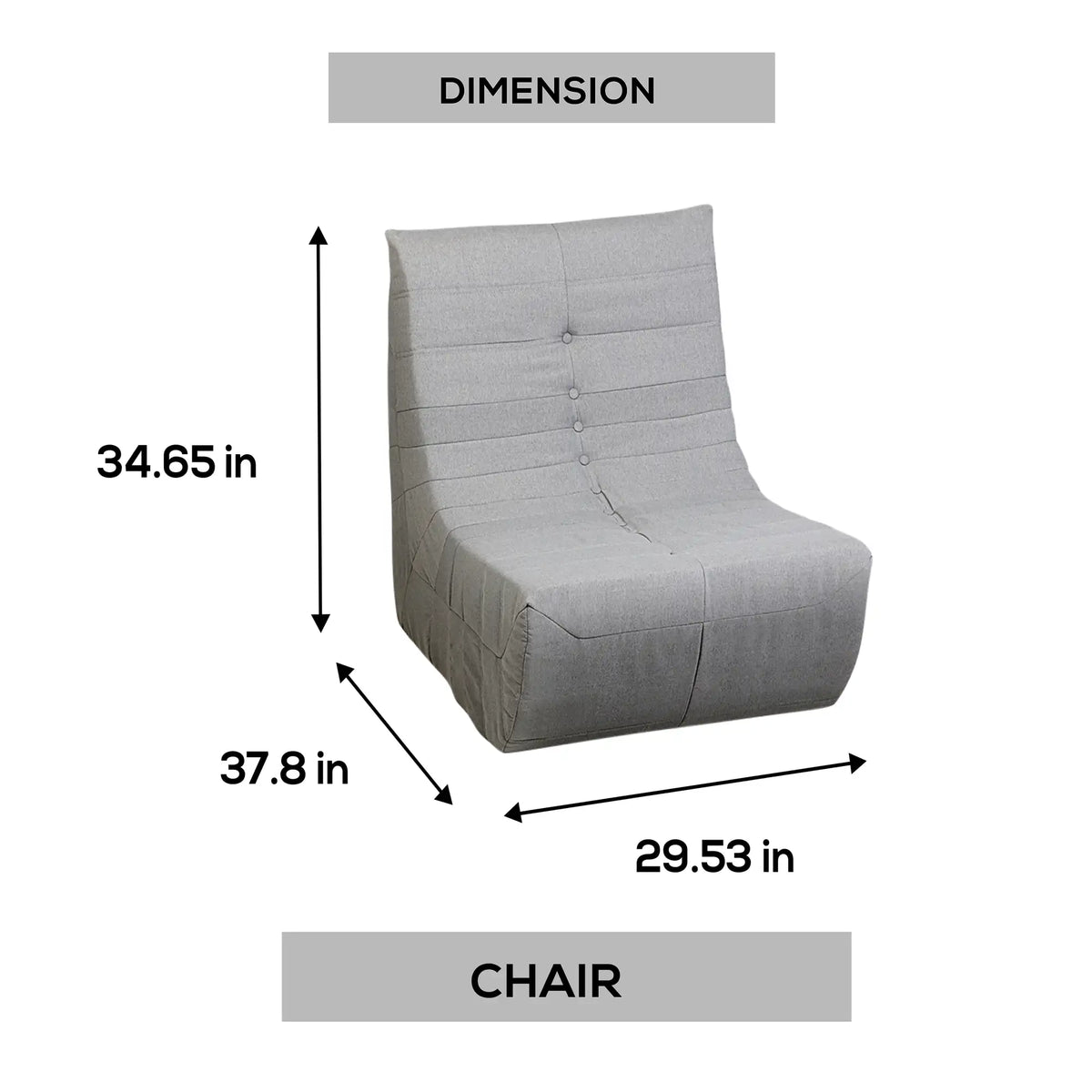 Gray compressed foam accent chair with tufted back and curved arms, dimensions shown.