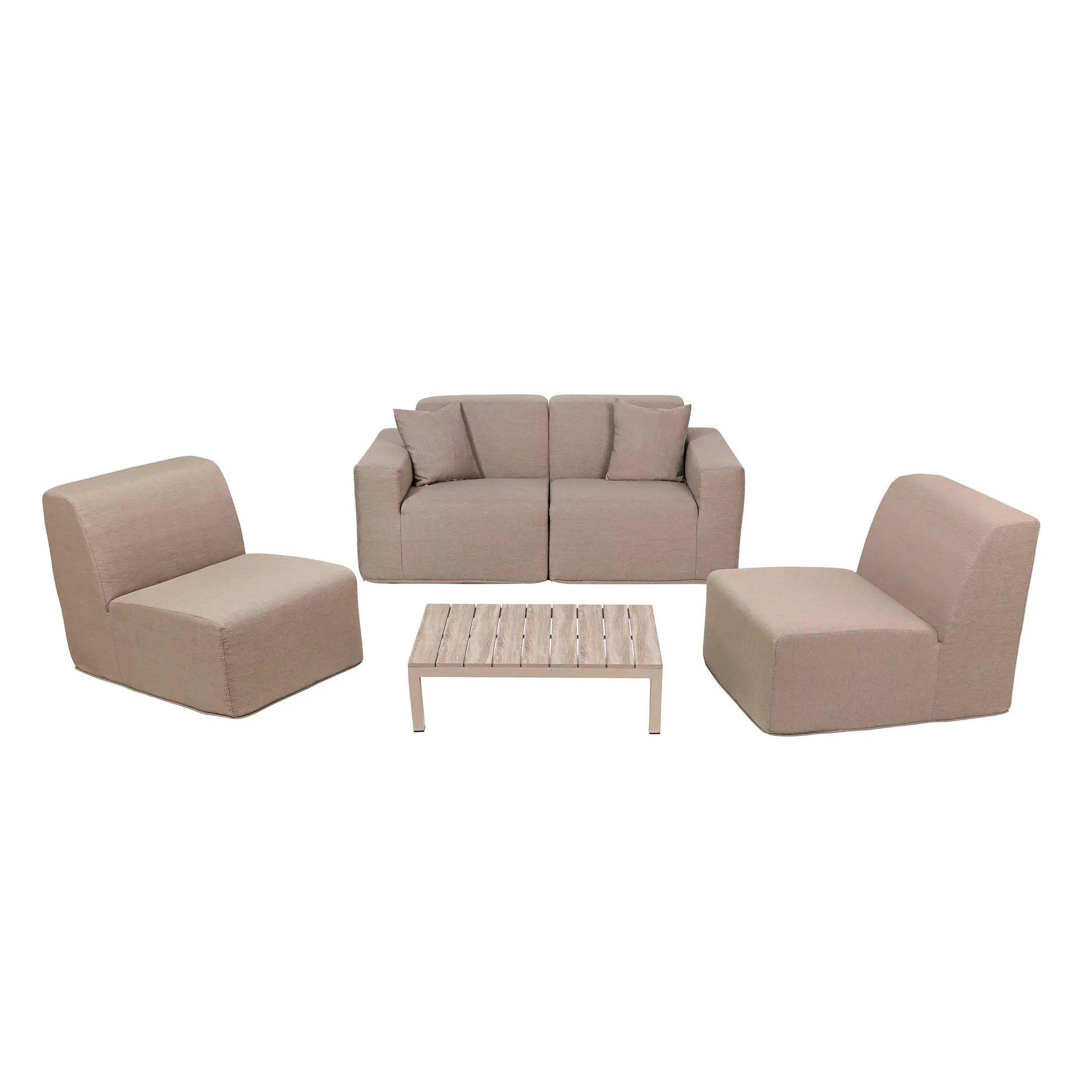 Four-piece sectional seating set with beige sofa, side chairs, and ottoman table
