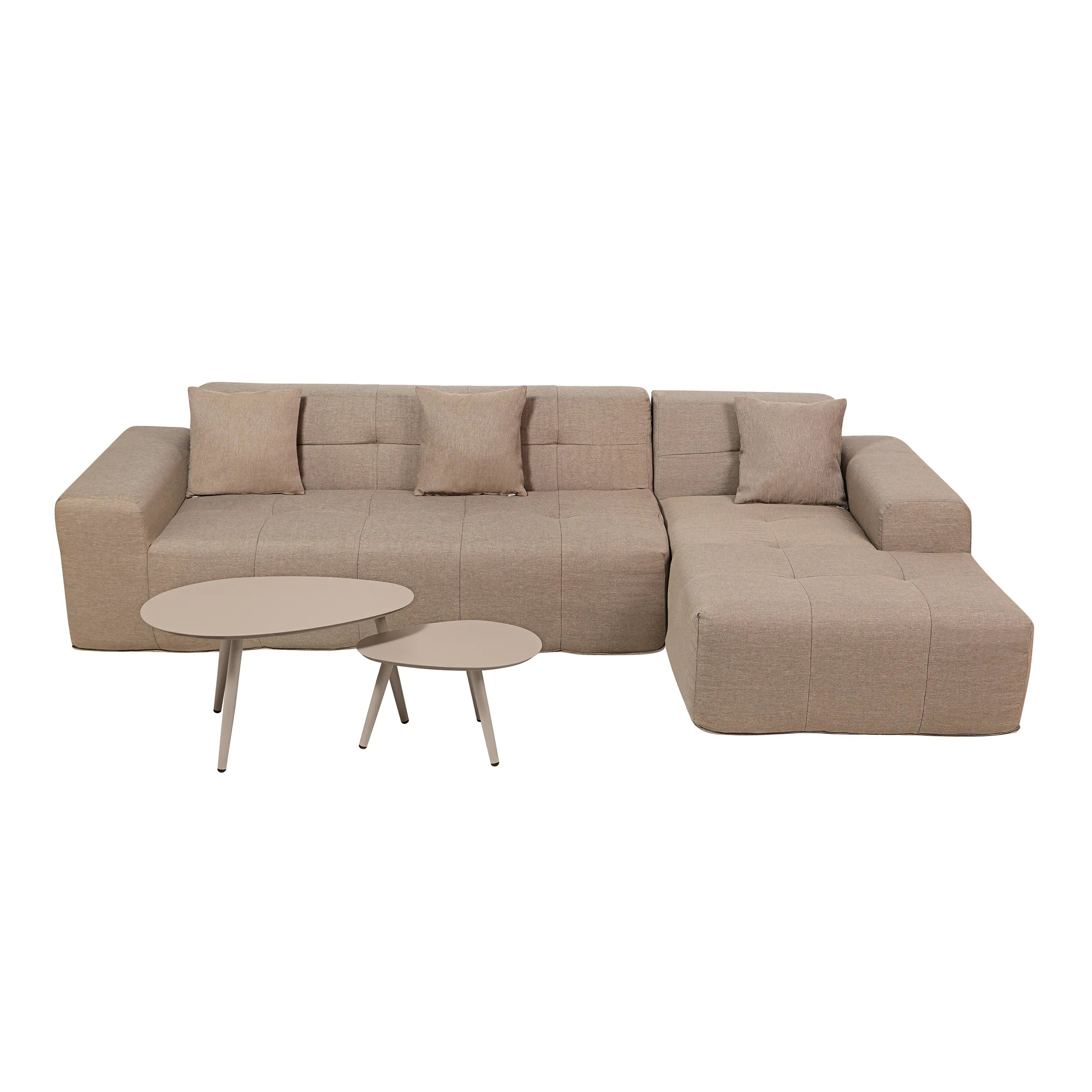 Tan sectional sofa set with round nesting tables