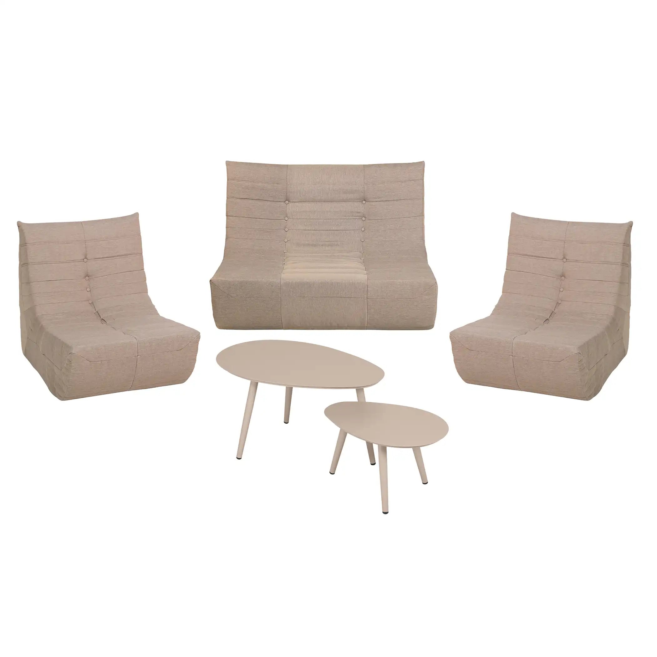 Taupe-brown compressed foam seating set with three chairs and two round side tables