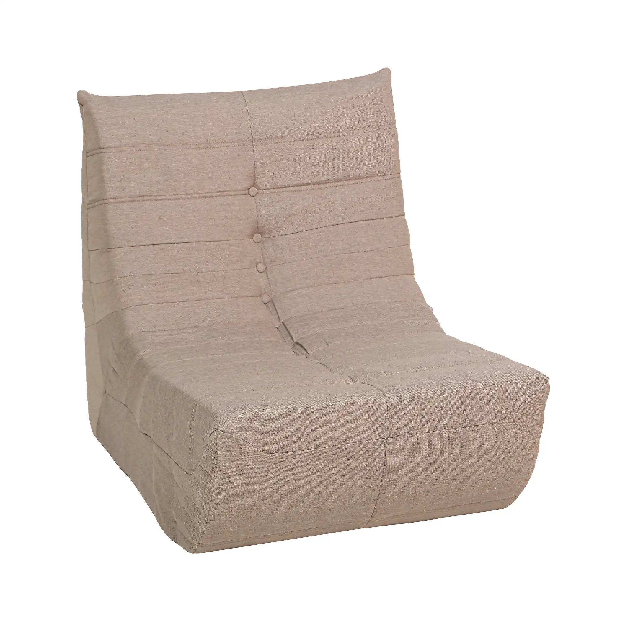 Taupe-brown compressed foam armchair with button-tufted back and cushioned seat