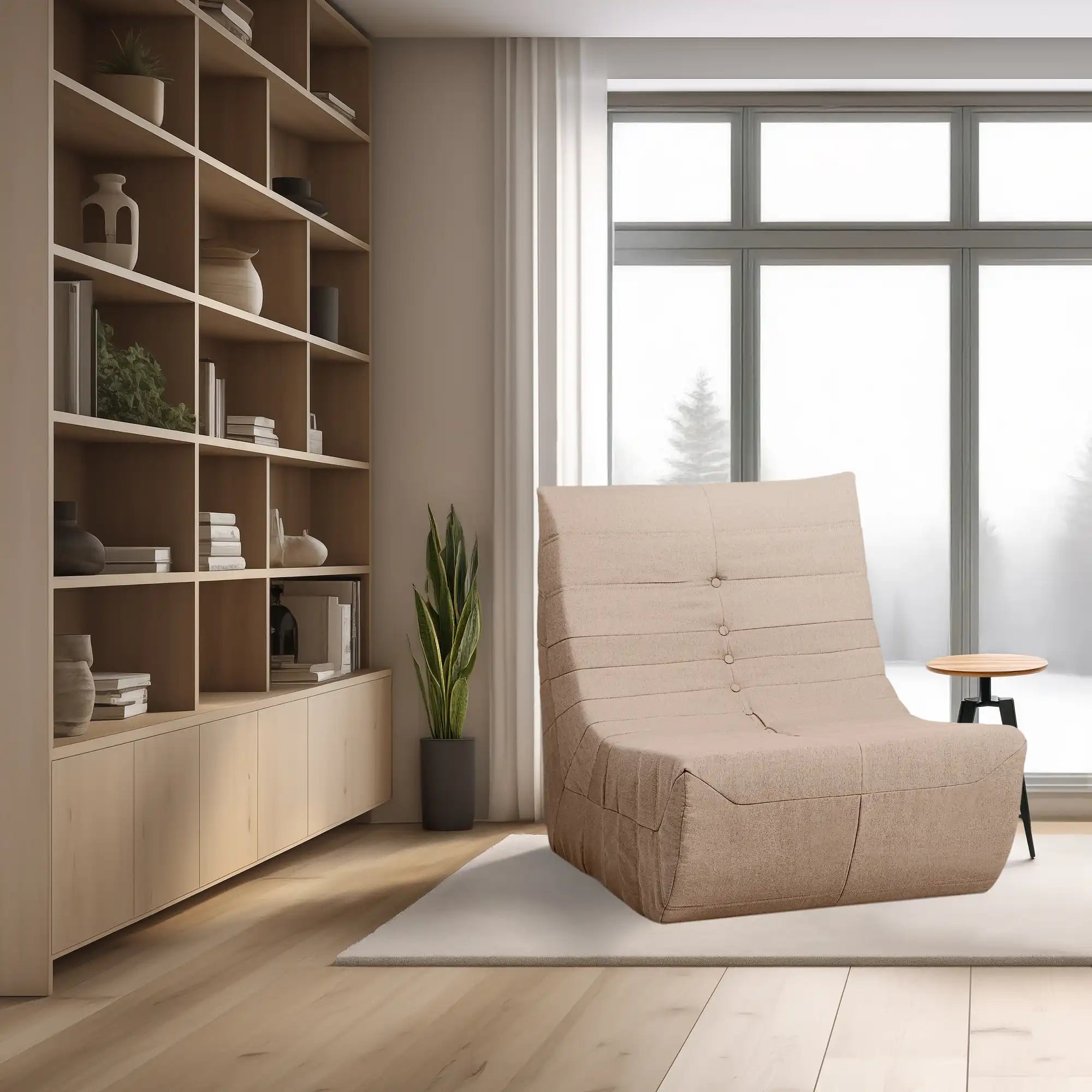 Tan compressed-foam lounge chair with stitched tufting and curved armrests