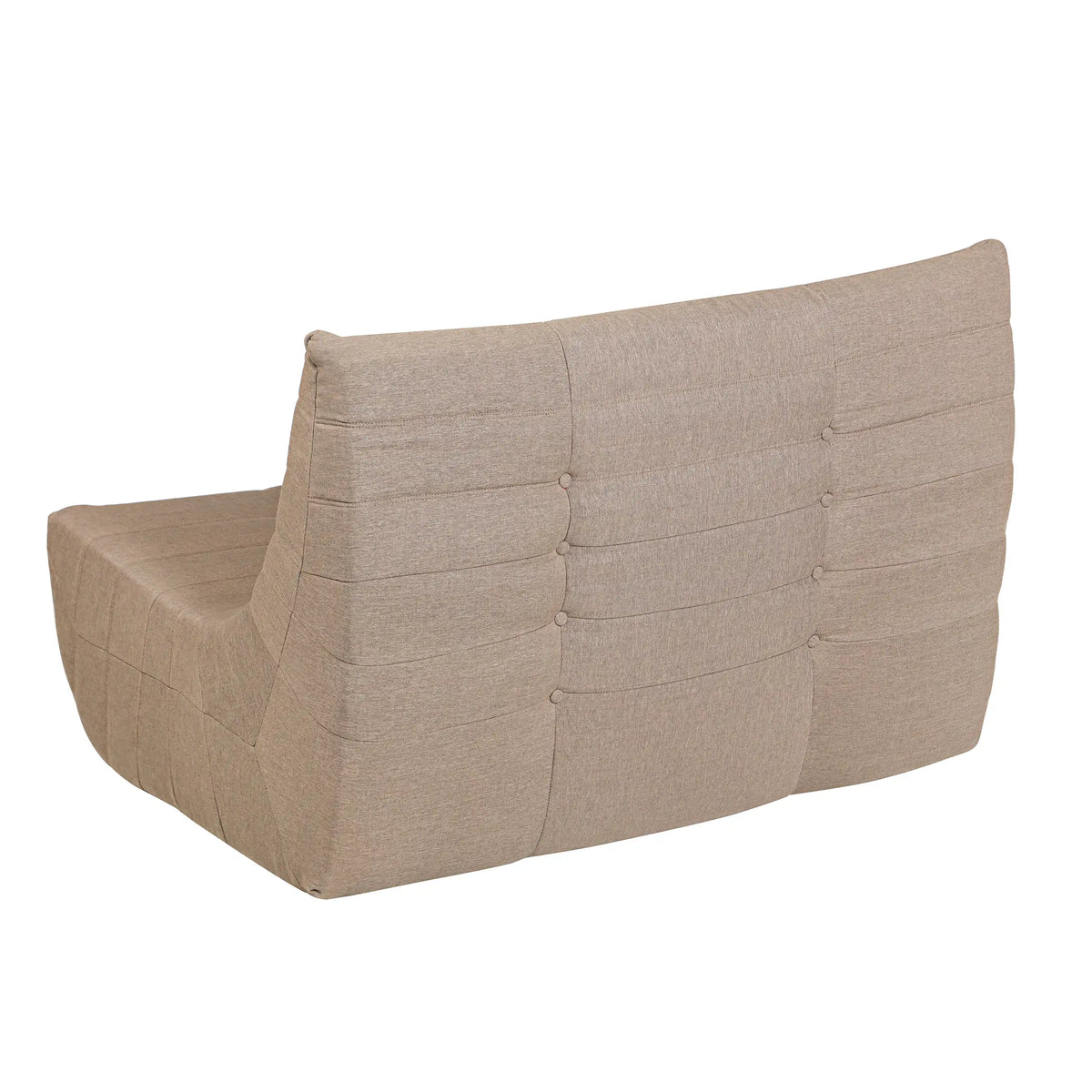 Brown compressed foam sofa side view with tufted back and blocky seat base