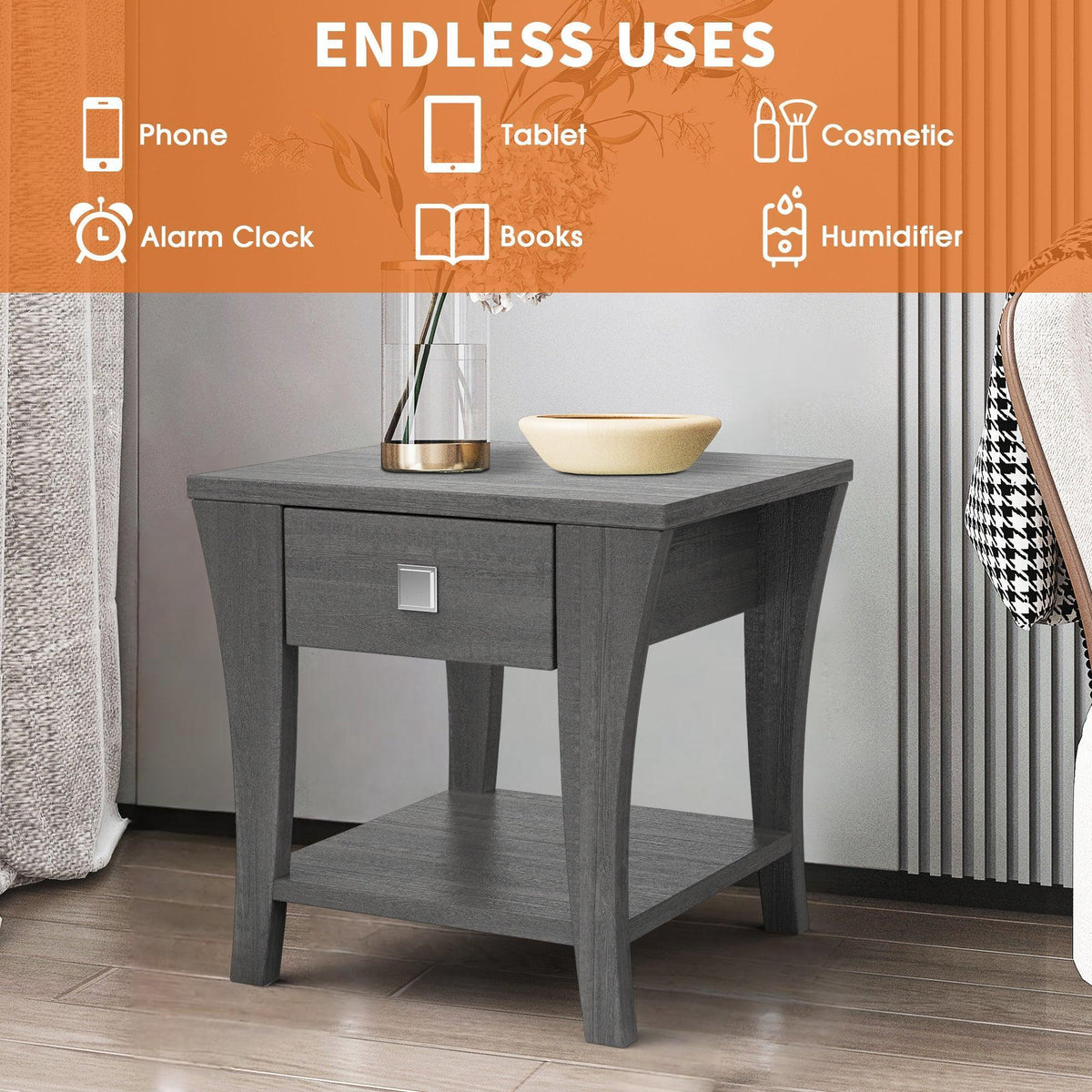 Gray end table with single drawer and open shelf, square metal knob pull.
