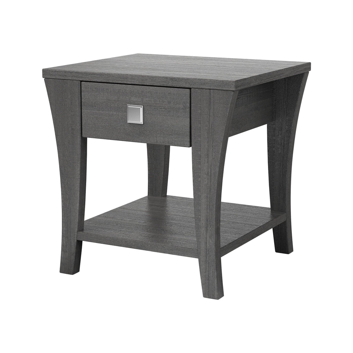 Gray end table with square drawer and silver pull, plus open shelf under tabletop.