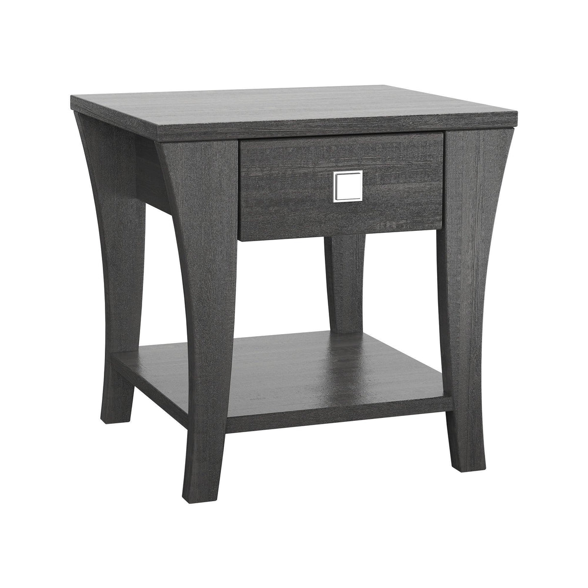 Gray end table front view with single drawer, square silver pull, and lower open shelf.