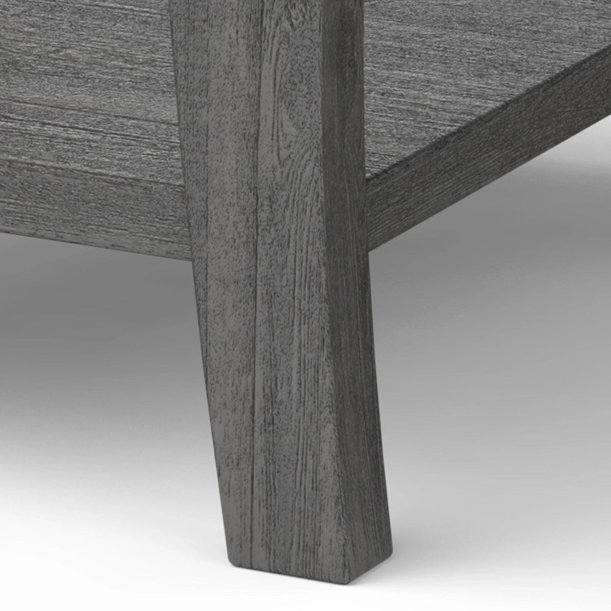 Gray end table leg and corner post with visible wood grain finish.