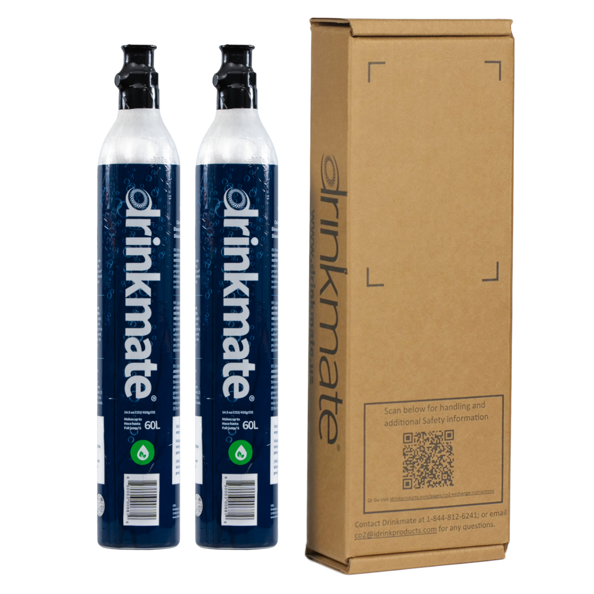Two blue Drinkmate CO2 refill cylinders with black caps and a cardboard carton.