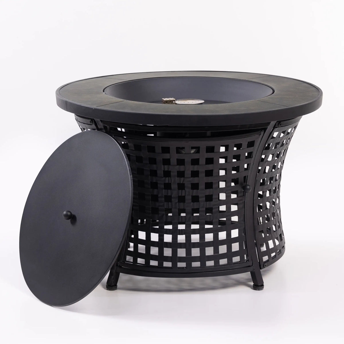 Black round propane fire pit table with open round lid and mesh body