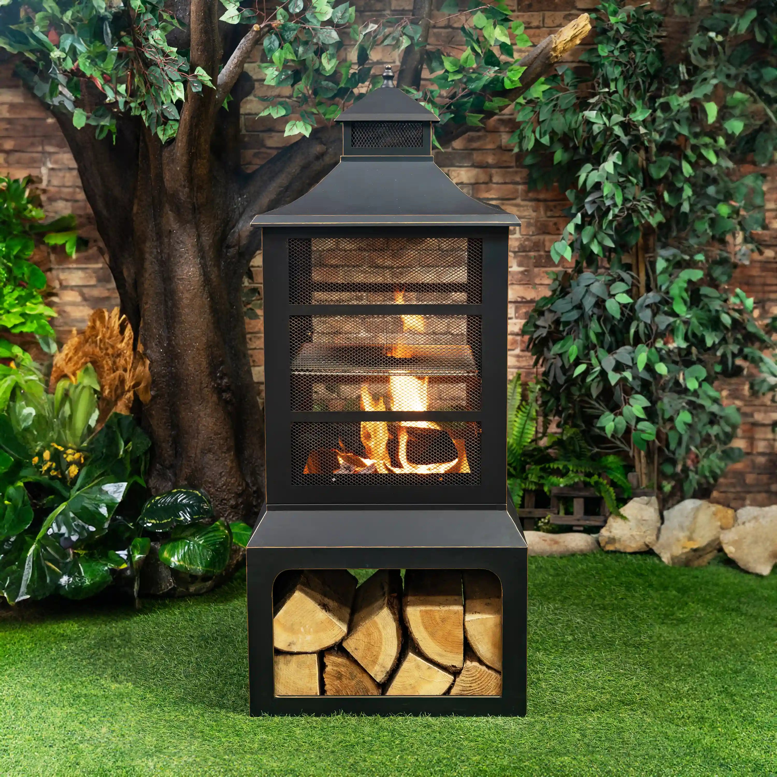 Outdoor steel woodburning fireplace with mesh panels and burning chamber over log bin