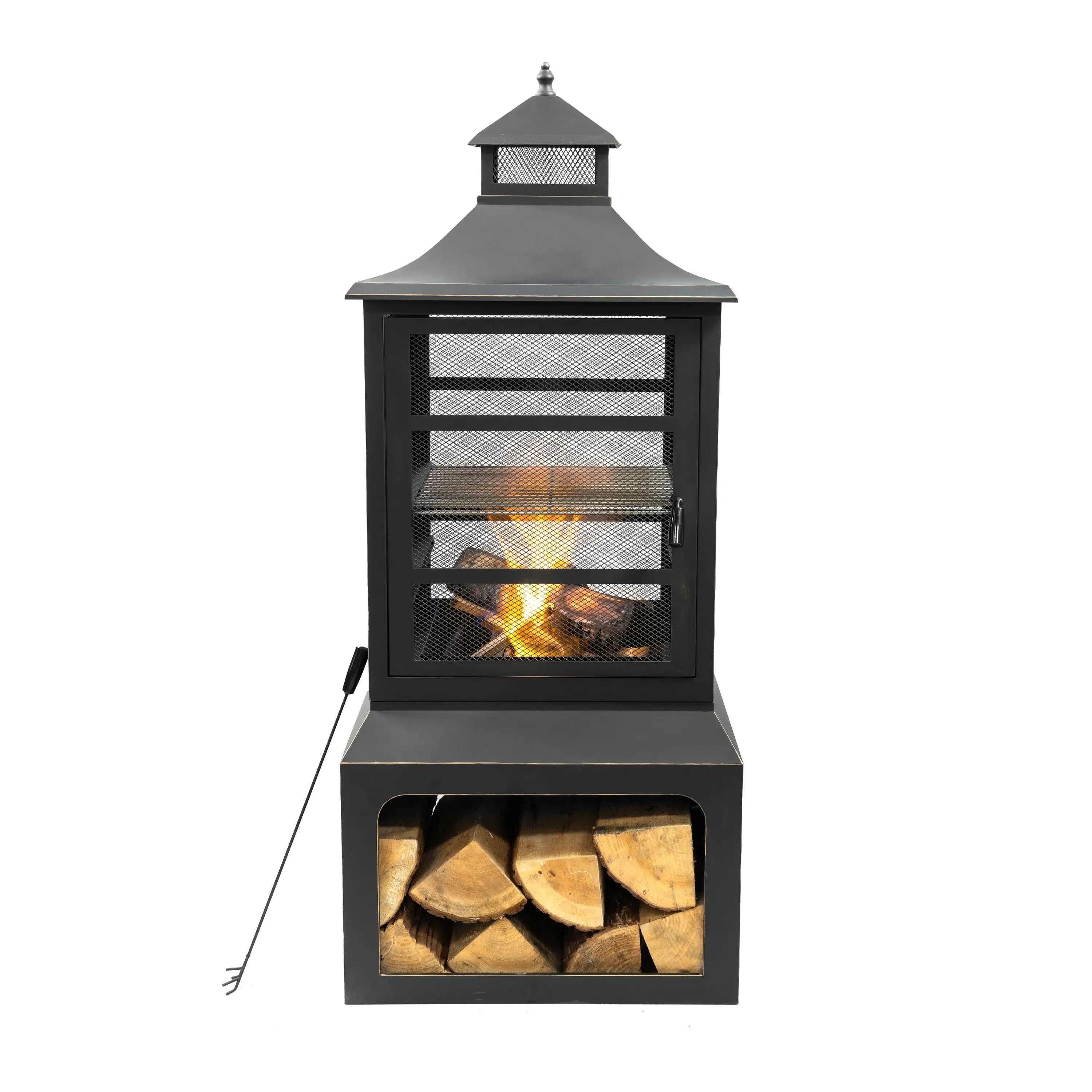 Outdoor steel woodburning fireplace with mesh front door and lower log storage bin