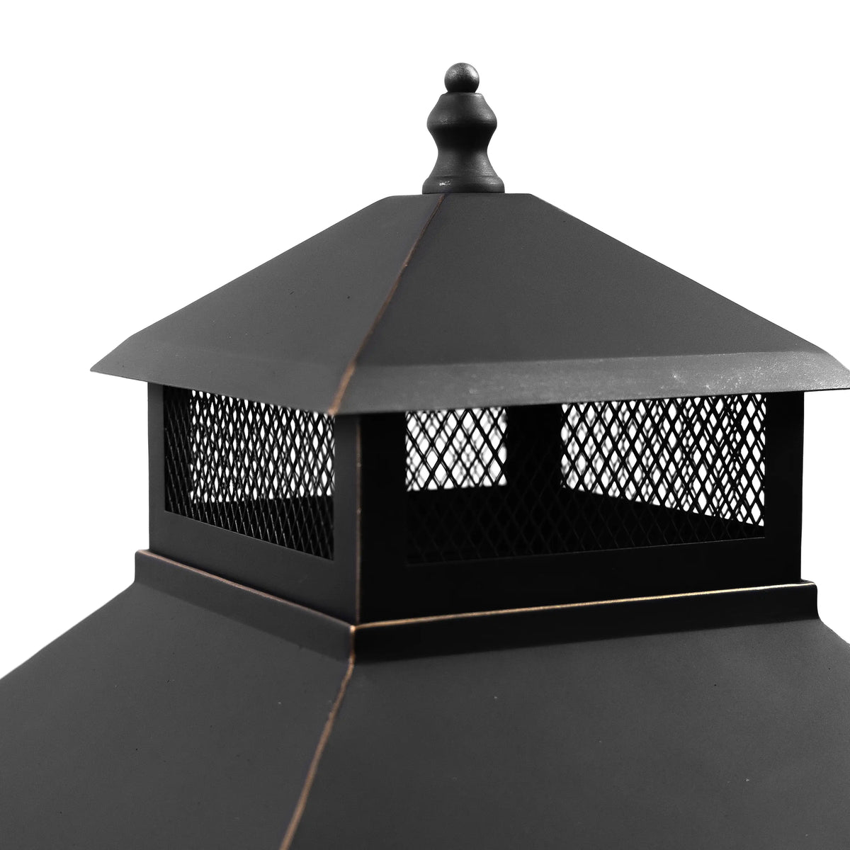 Top section of square outdoor steel woodburning fireplace with black cap and mesh sides