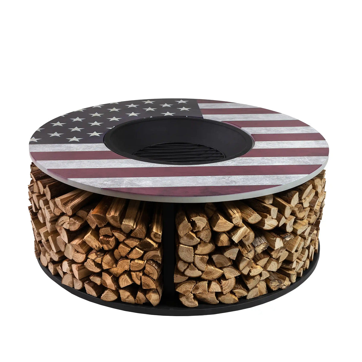 Star-and-stripe fire pit top with open center and stacked firewood log storage