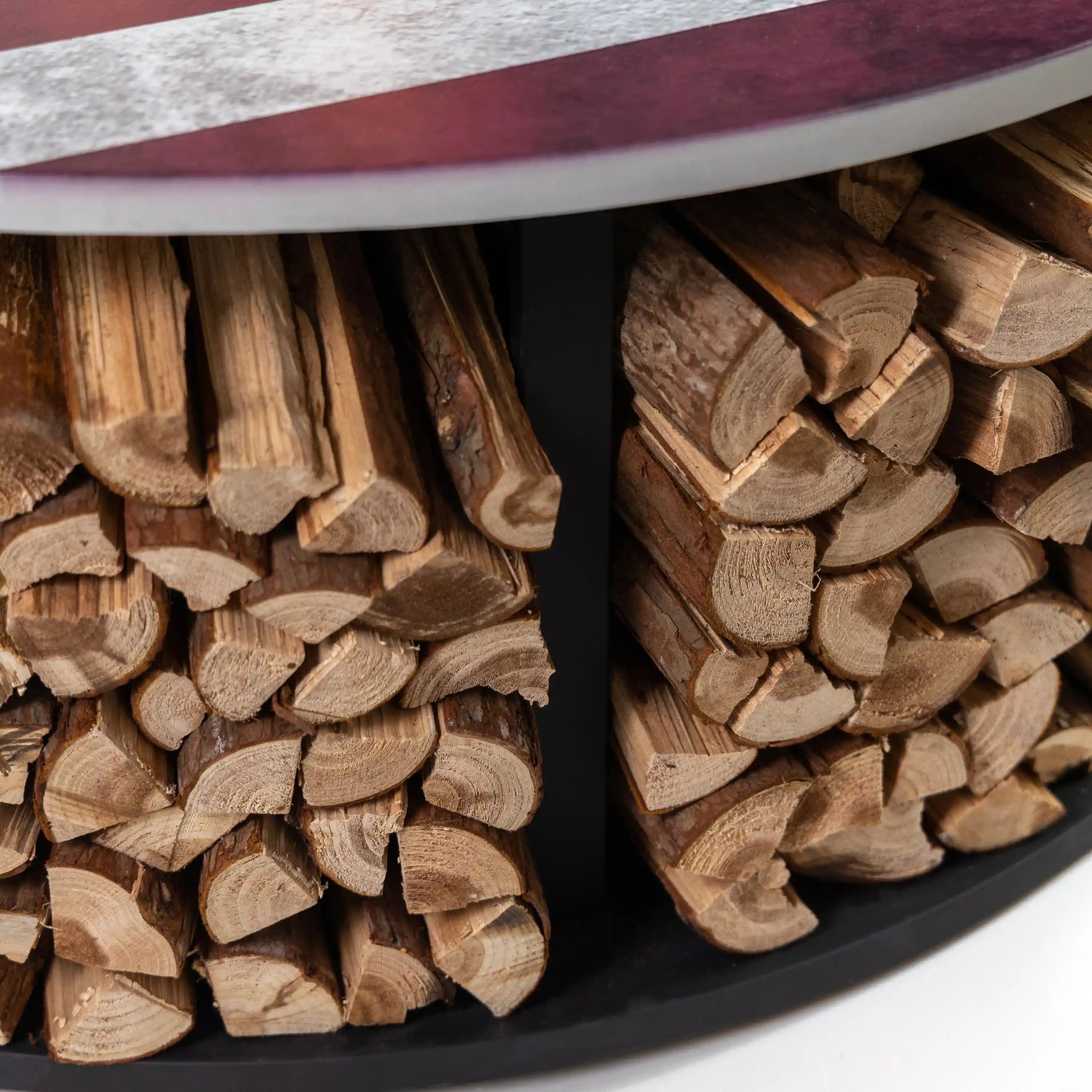 Outdoor fire pit log storage bin filled with stacked split firewood