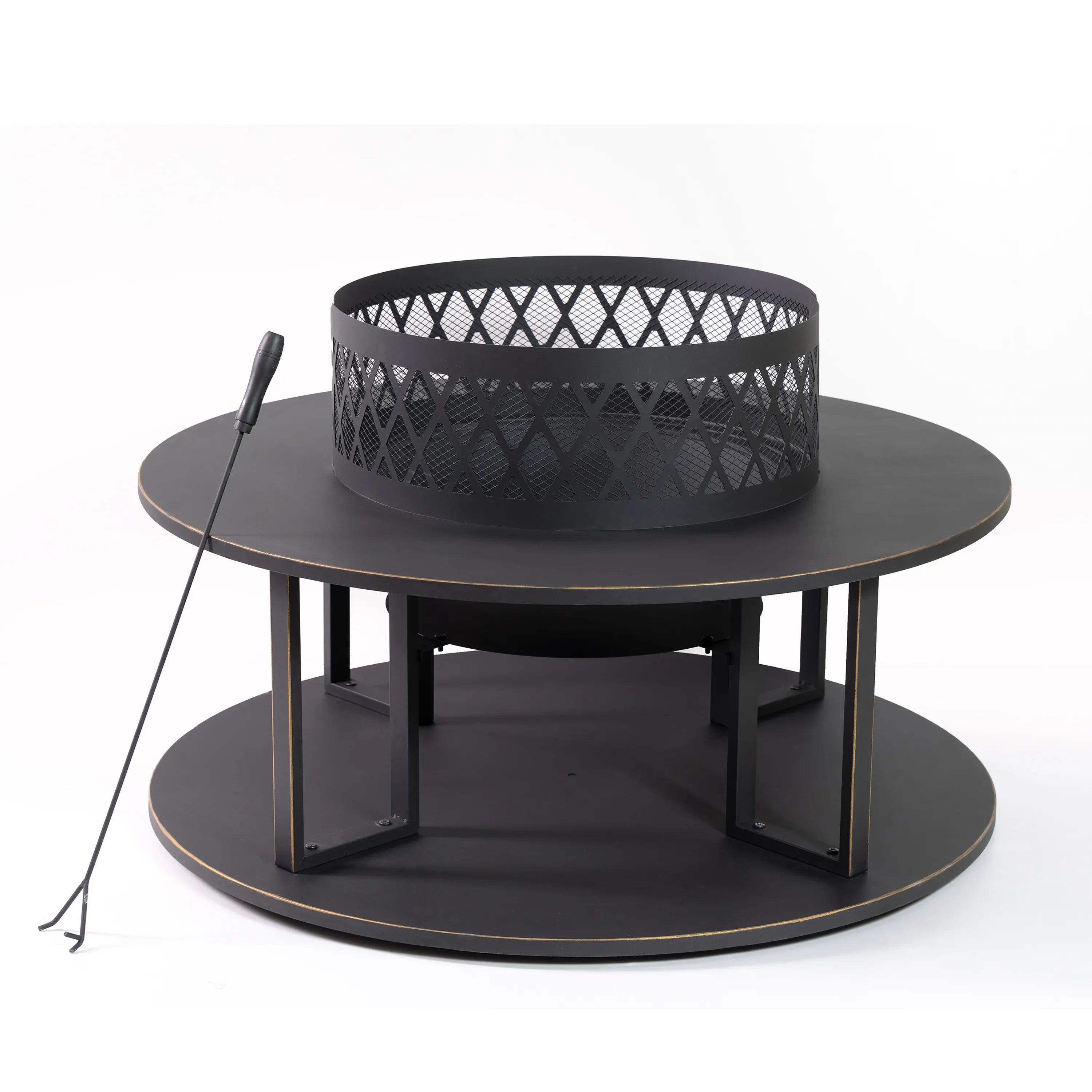 Outdoor fire pit with mesh fire bowl and black round tabletop, log stand with legs.