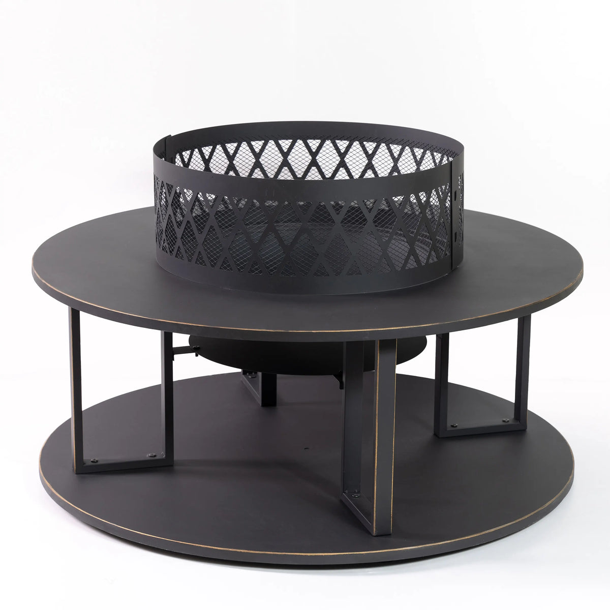 Outdoor fire pit with black mesh cylinder fire bowl and round steel table stand.