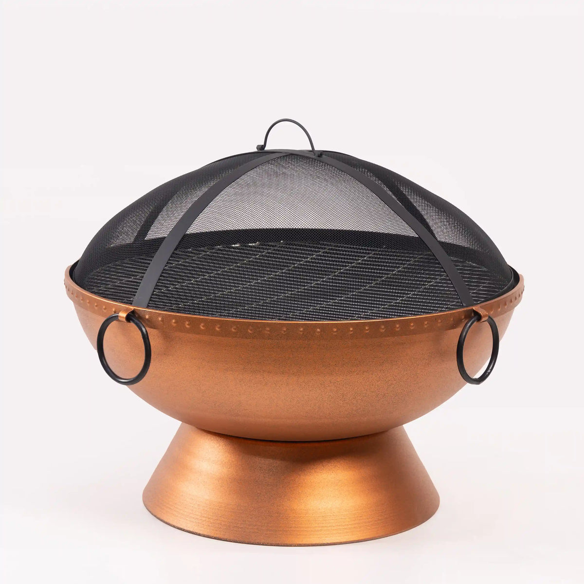 Round firepit with mesh spark screen and side handles, empty grill surface