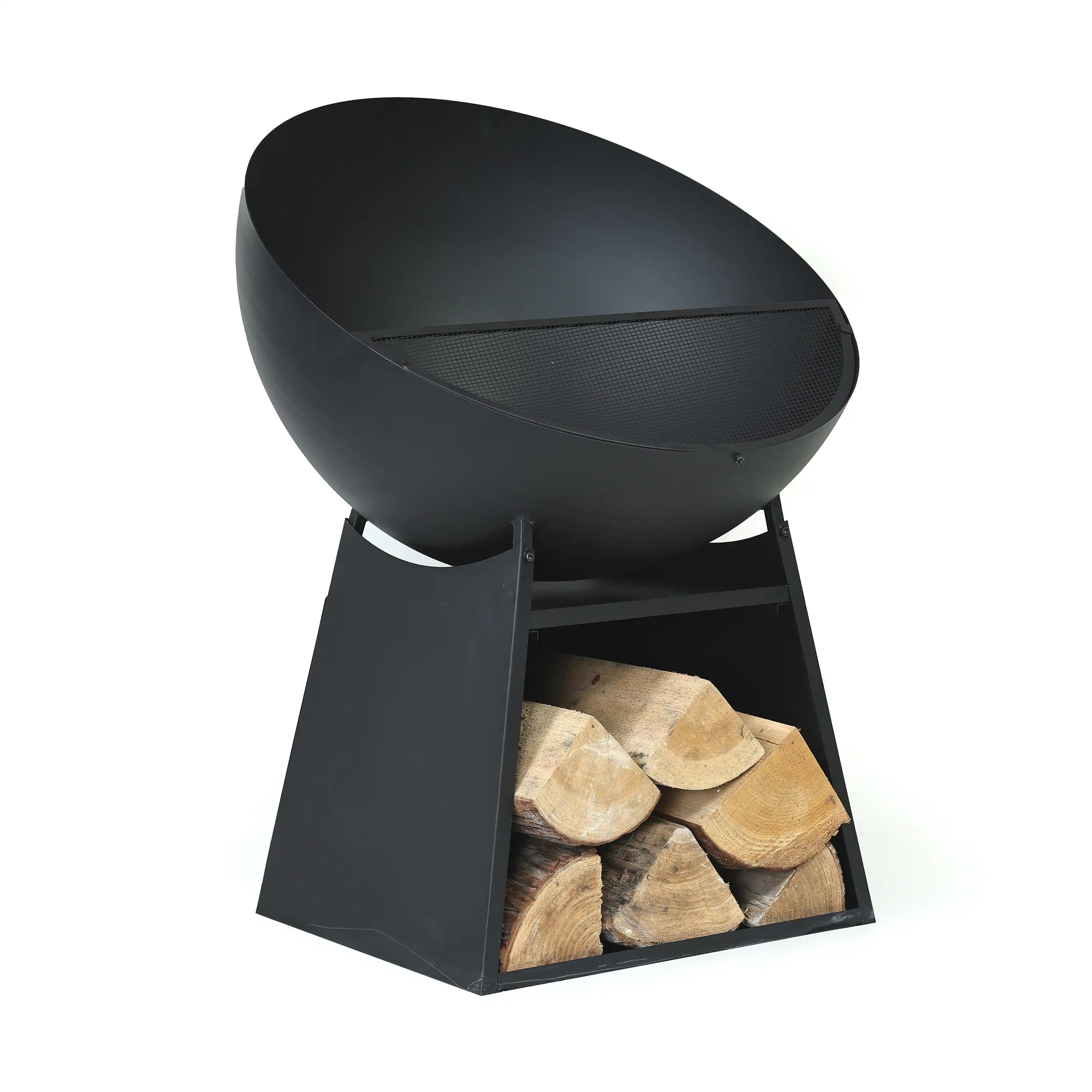 Black round fire pit with spark screen and visible logs in the front firebox.