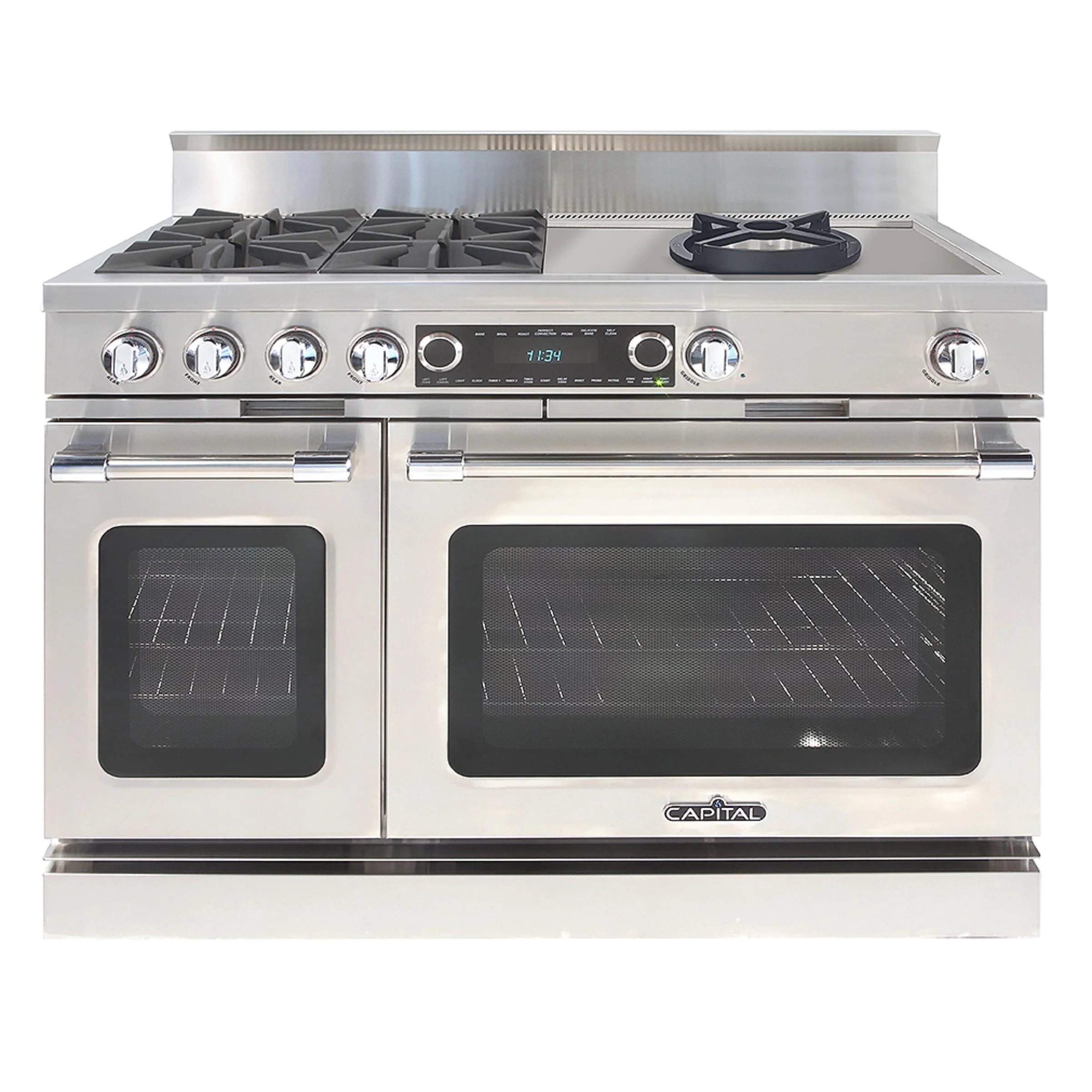 48-inch stainless steel dual fuel range with open burners and two oven doors