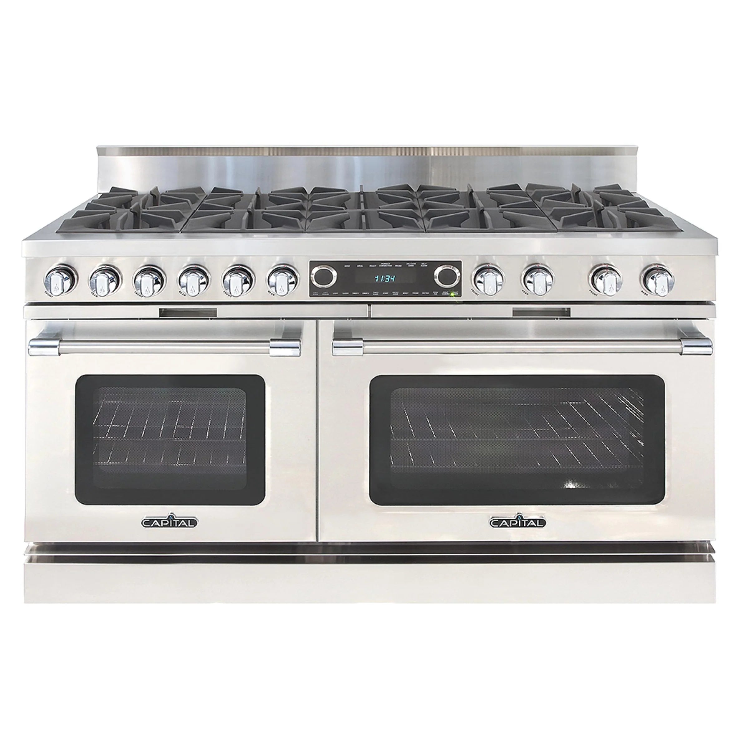 Stainless steel dual oven gas range with multiple burner grates and control knobs
