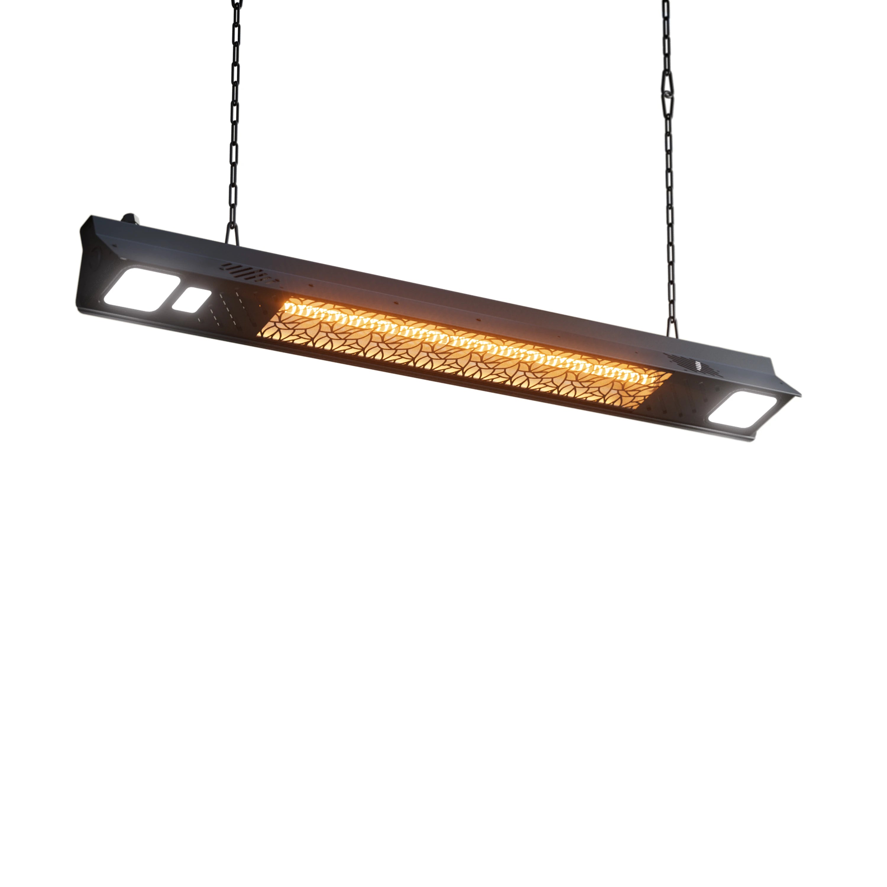 Hanging infrared heater bar with amber glowing carbon fiber tube and two side light panels