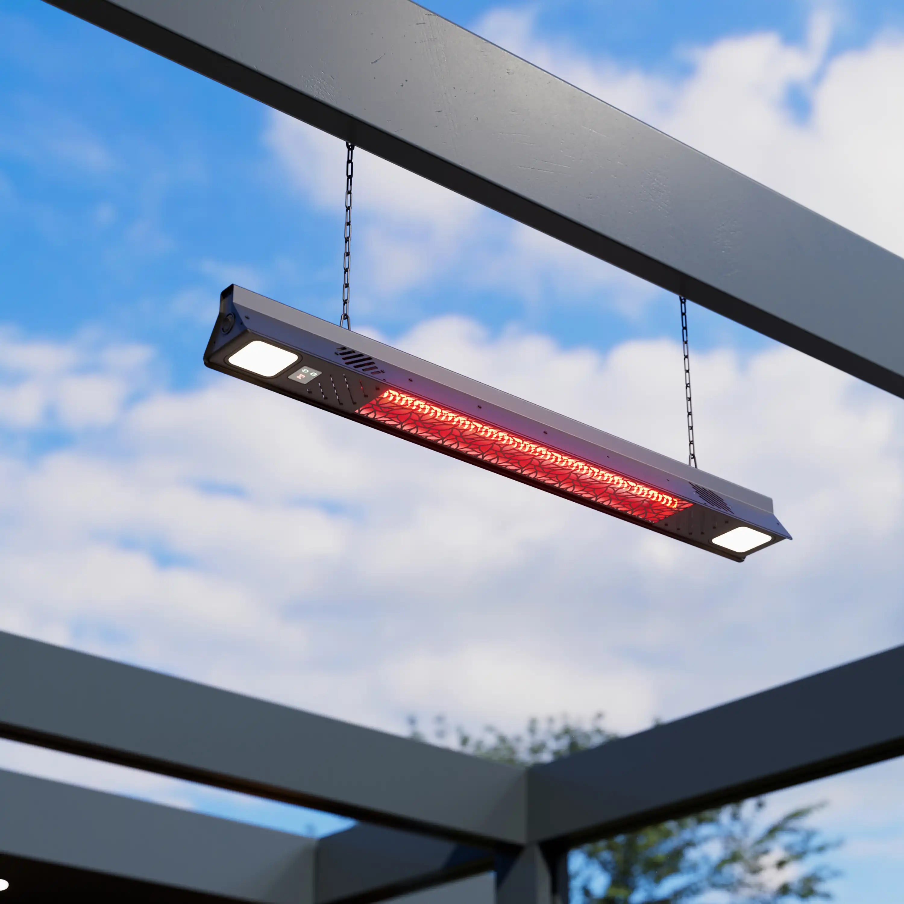 Wall-hung infrared heater bar with glowing red carbon fiber tube and side indicator lights
