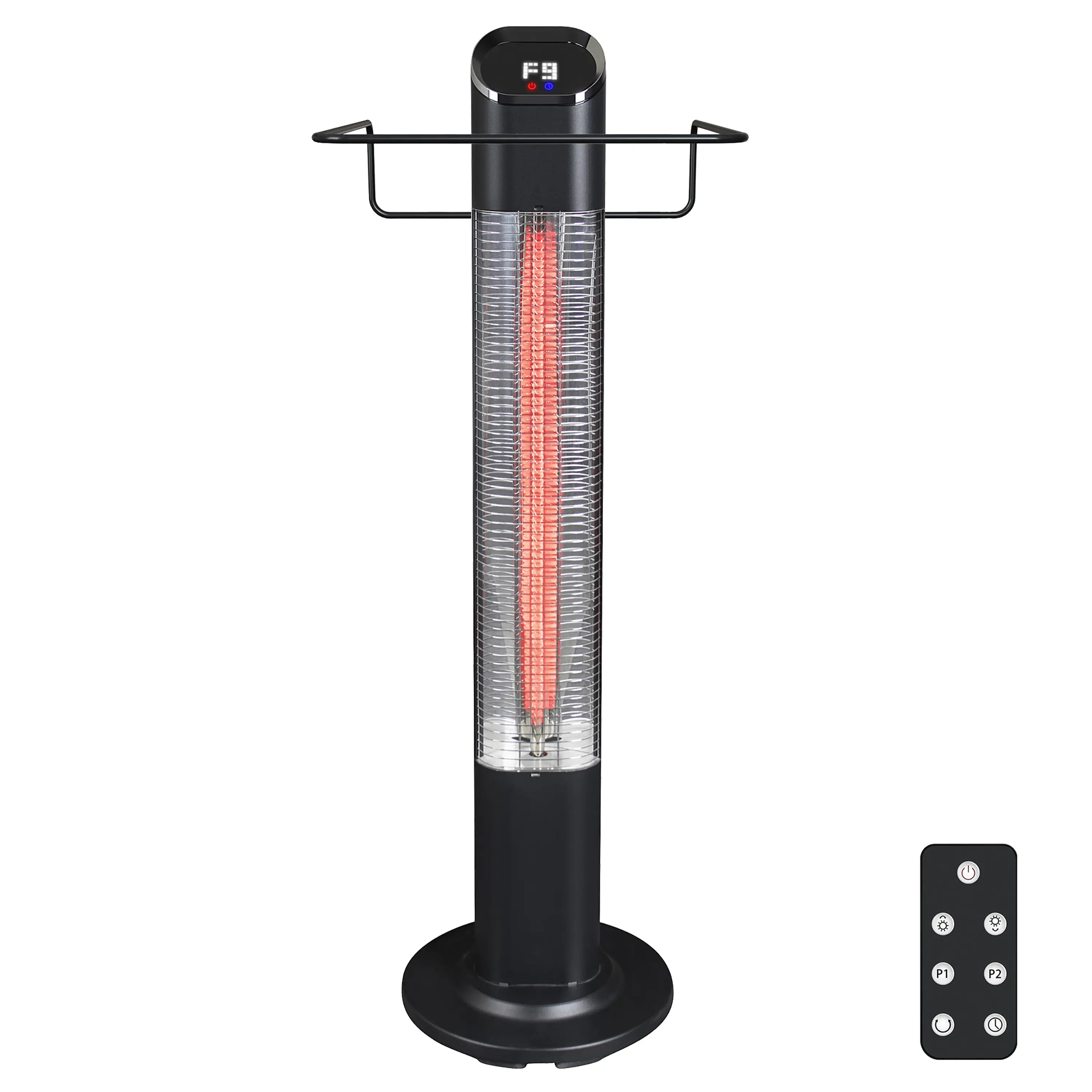 Black electric tower heater with protective grille, glowing infrared tube, and remote