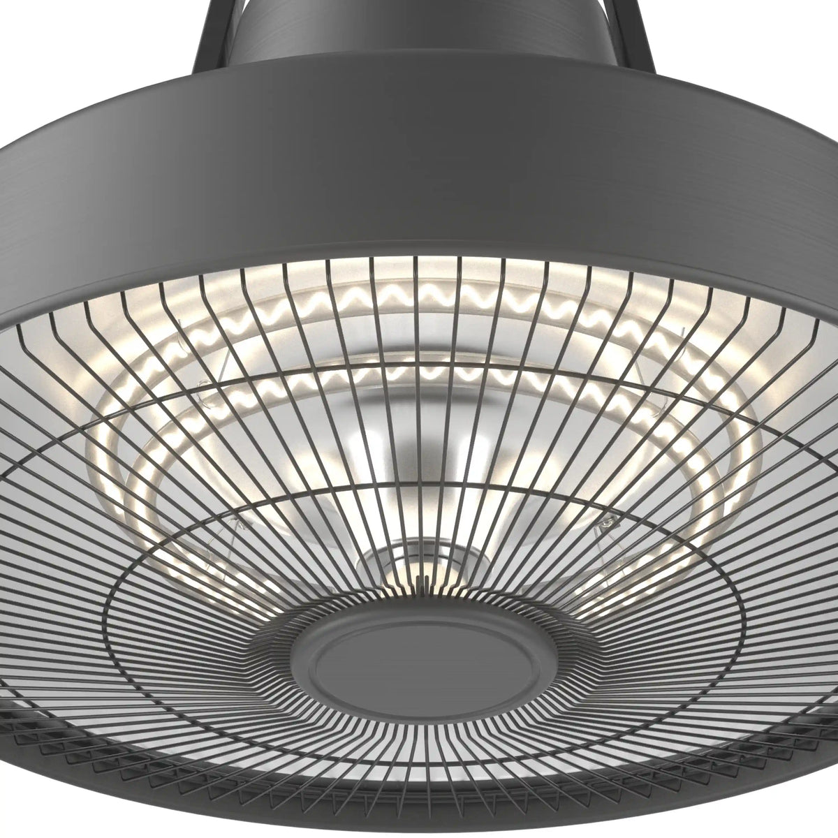 Radiant patio heater head with protective metal grille and glowing heating element