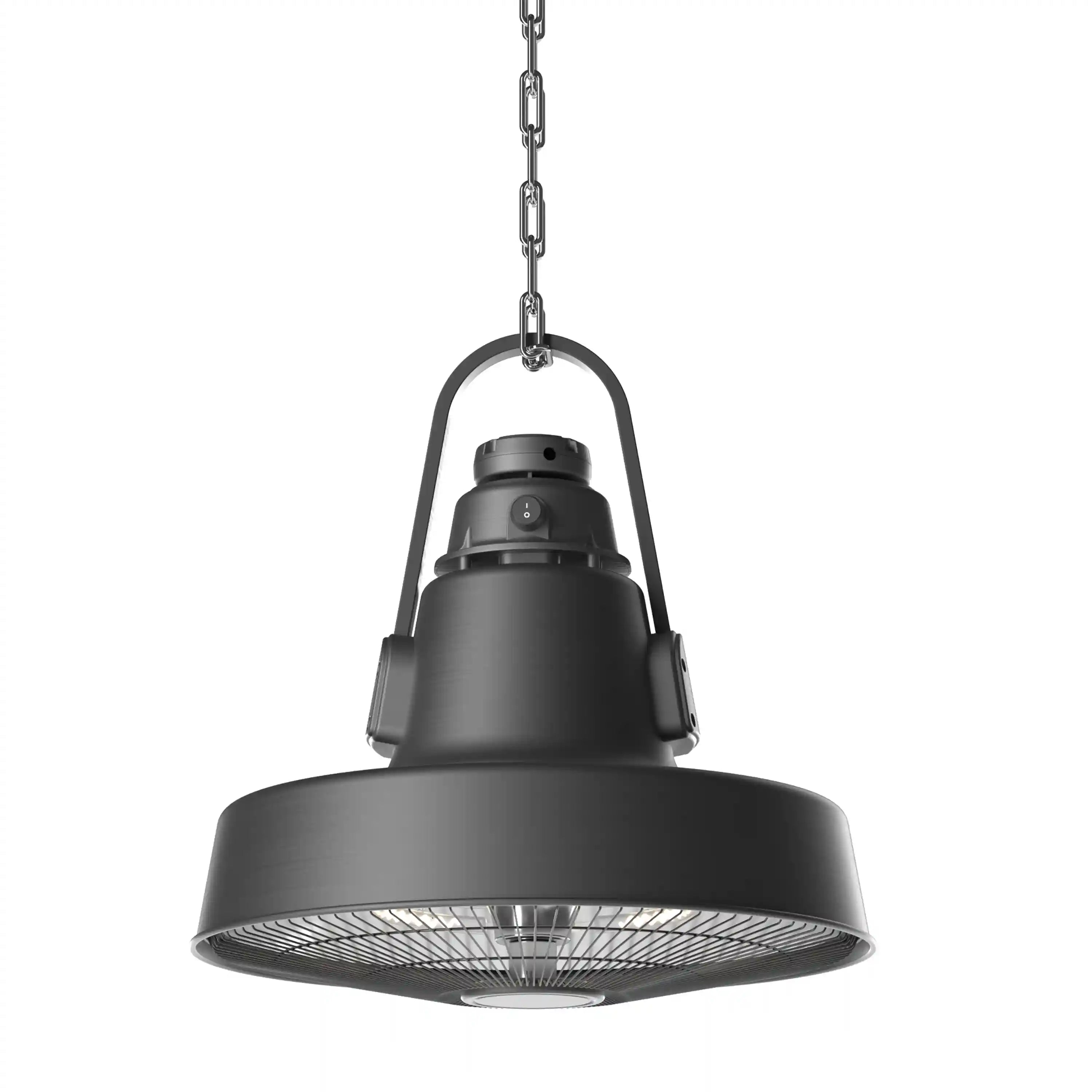 Hanging radiant patio heater with metal chain and black dome reflector