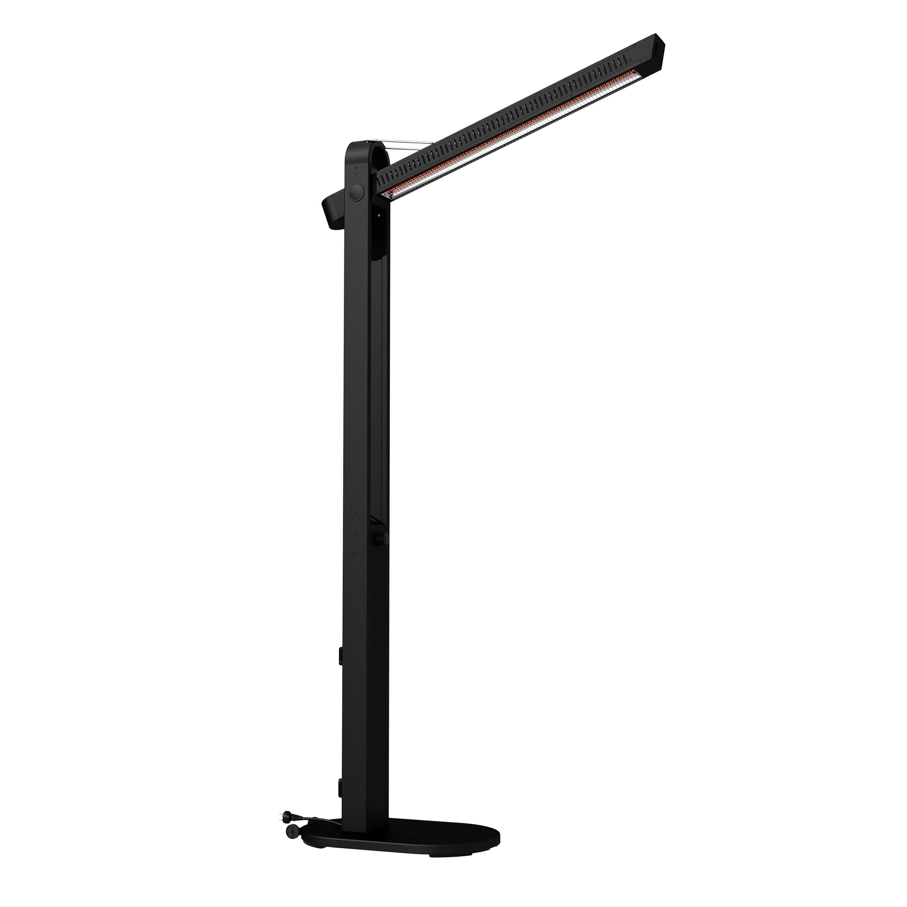 Black infrared tower heater standing on round base with adjustable angled head