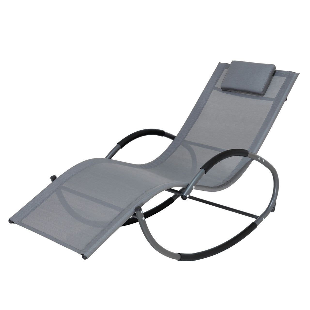Outdoor rocking patio lounge chair with light gray seat sling and matching headrest pillow