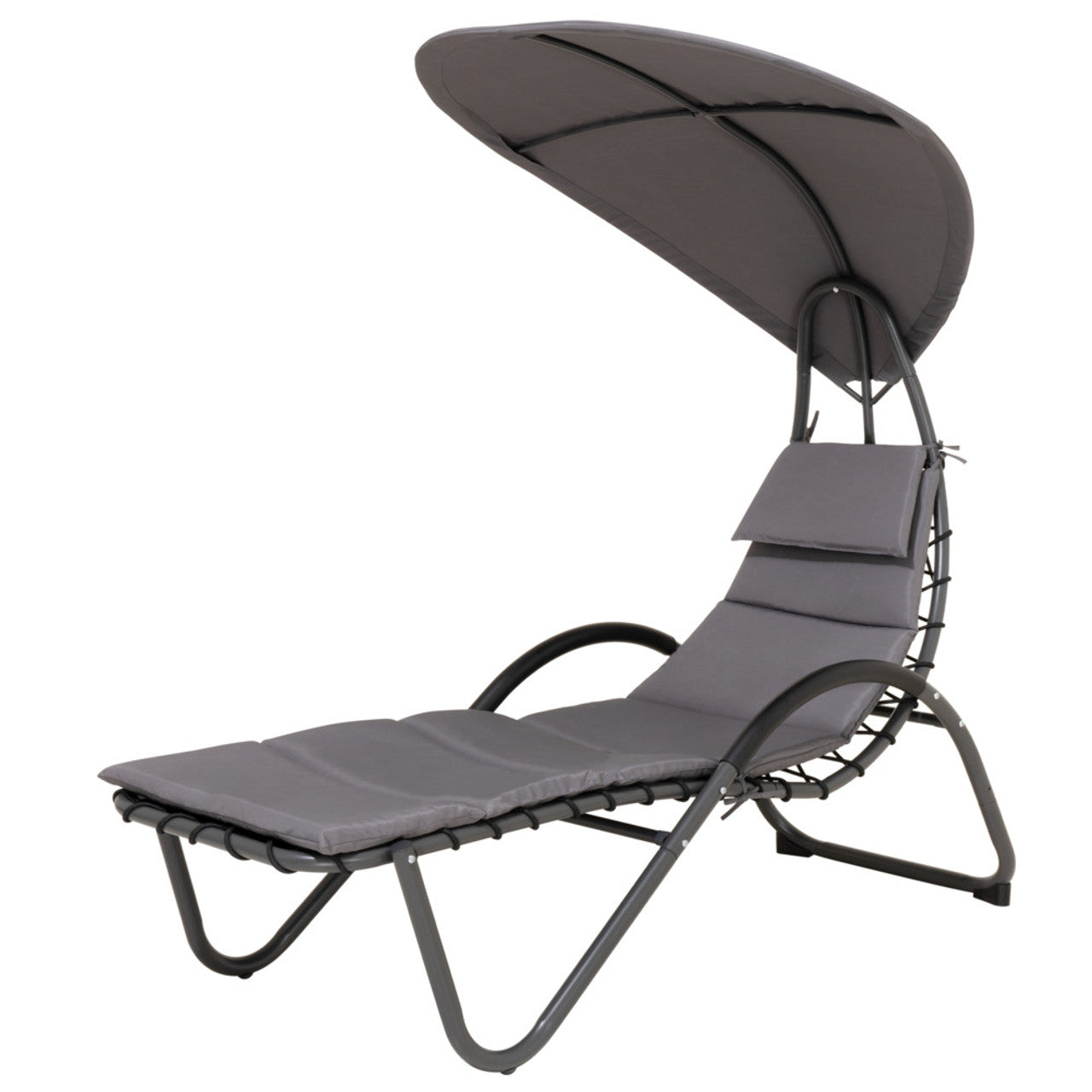 Outdoor patio lounge chair with canopy and reclining seat, dark gray seat pad on steel frame
