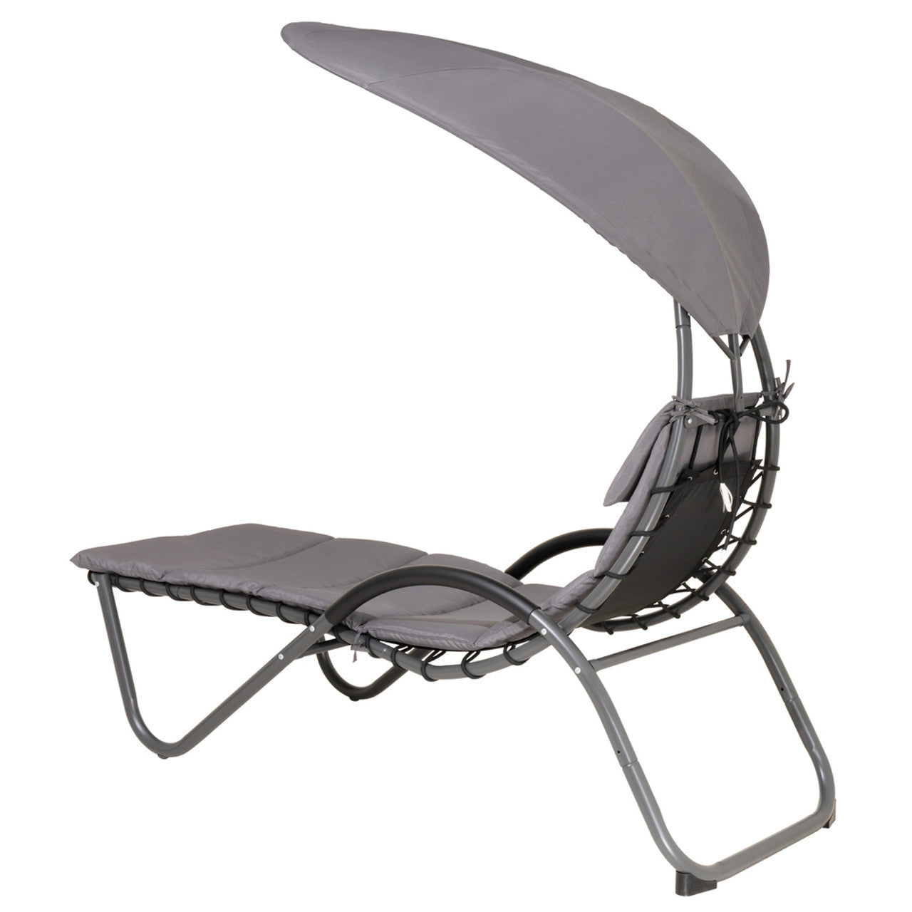 Outdoor patio lounge chair with canopy, gray padded seat and back, curved metal frame