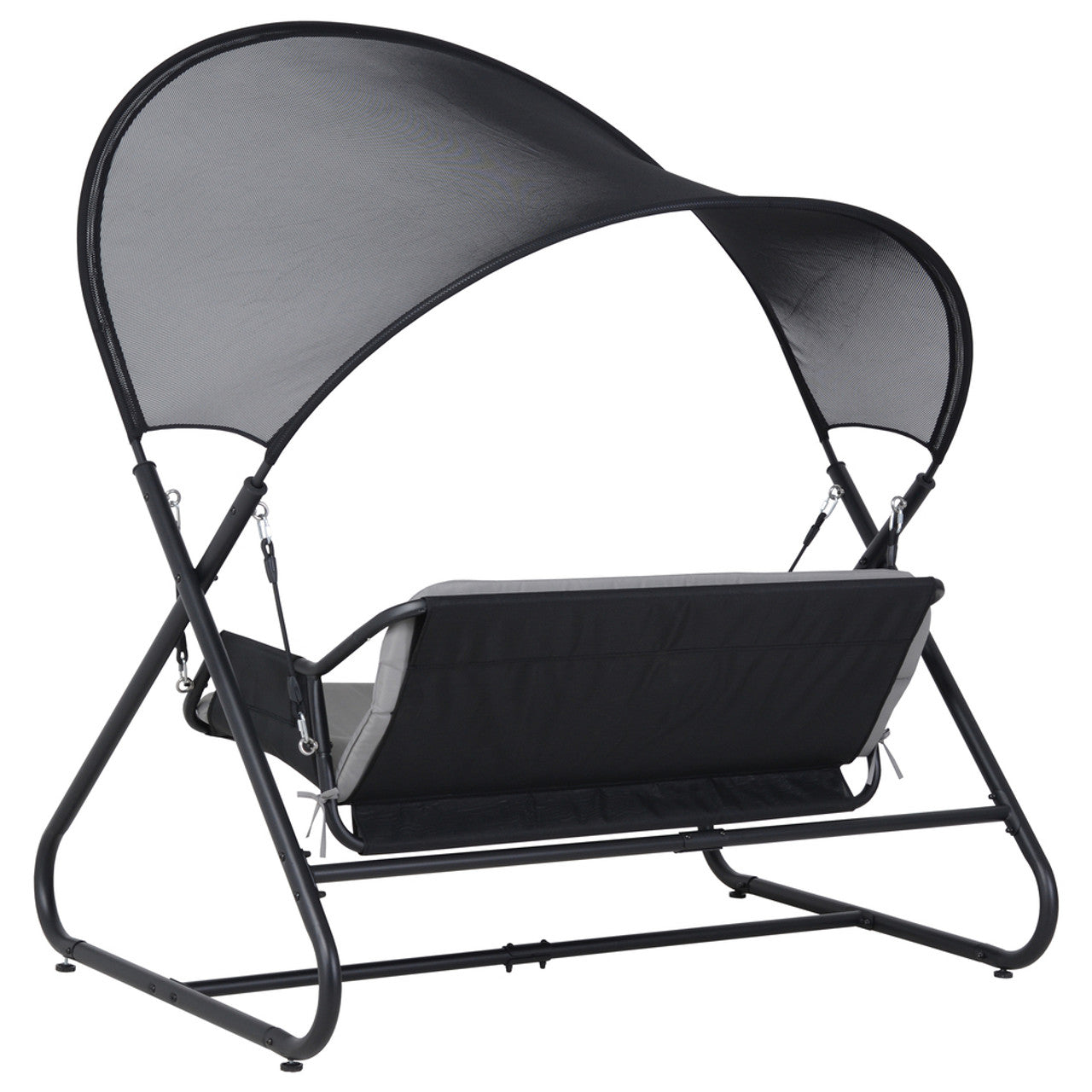 Outdoor patio swing chair with canopy, black frame and dark seat cover with gray cushions.