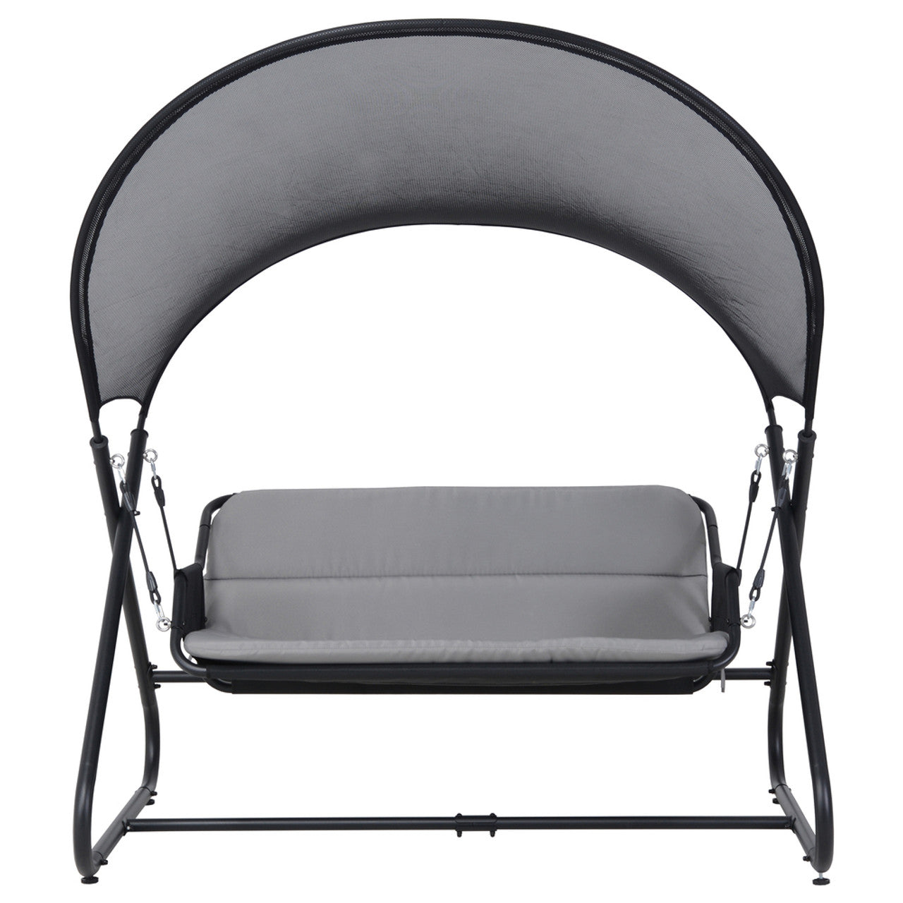 Outdoor patio swing chair with canopy, gray front cushion and curved mesh canopy top.