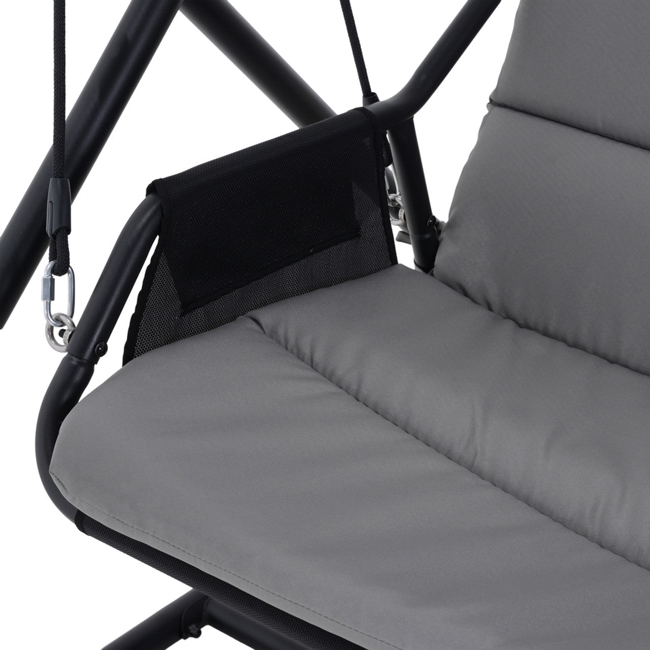 Outdoor patio swing chair inner seat view with gray cushions and black mesh backrest.