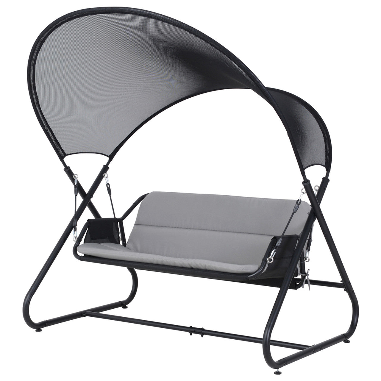 Outdoor patio swing chair with canopy, black frame and light gray seat cushion set.