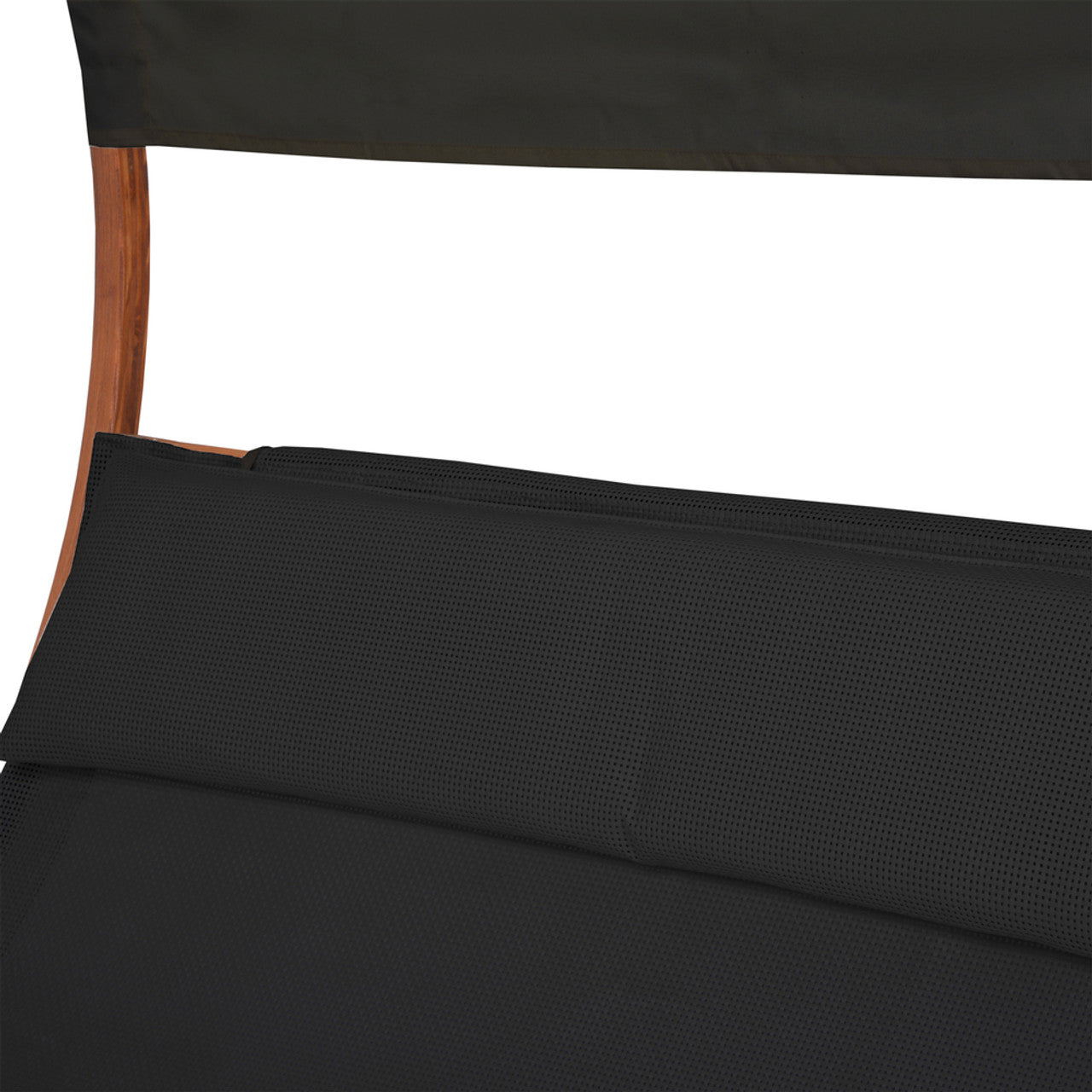 Black textilene lounge daybed mattress with curved backrest and wood frame details