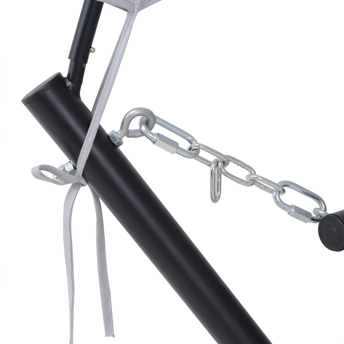Hammock daybed canopy attachment with black support tube and silver chain links