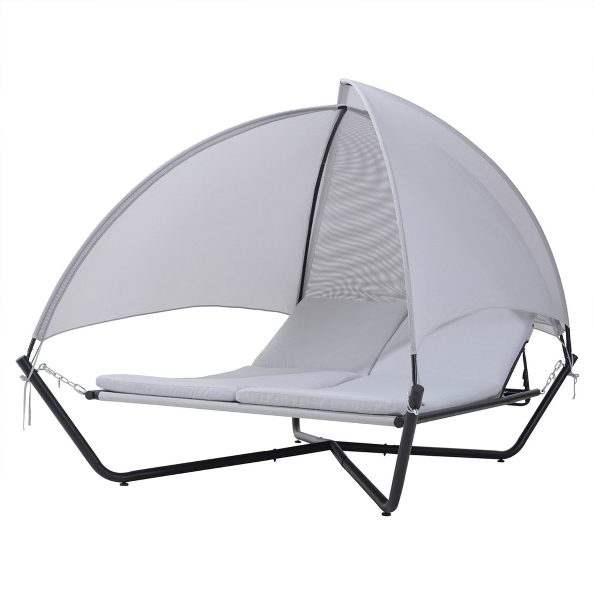 Outdoor hammock daybed with canopy and light gray cushions on black steel stand