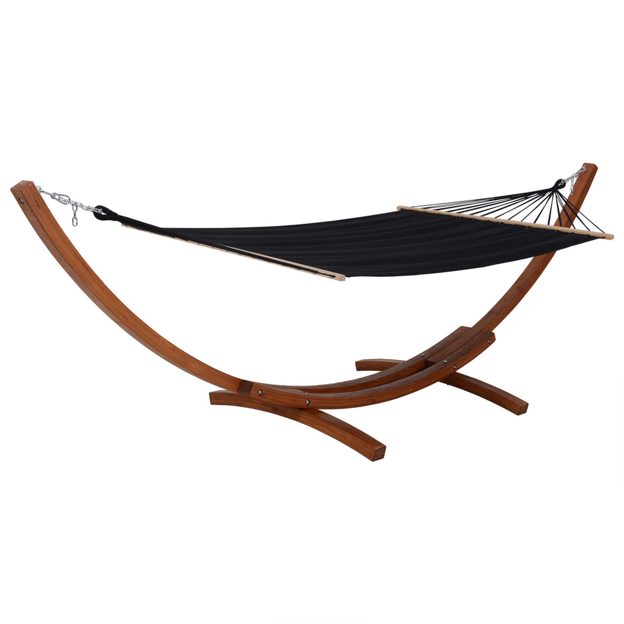 Outdoor hammock with cedar wood frame, black fabric bed, and rope-and-chain attachment points