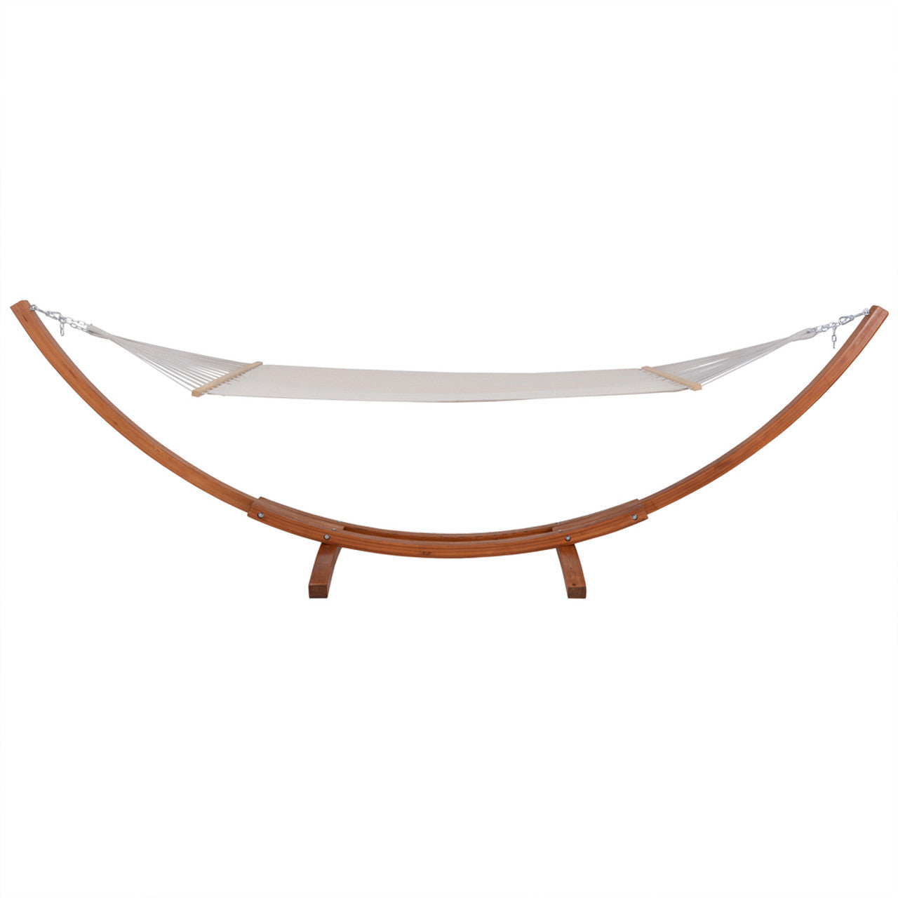 Outdoor cedar wood hammock with white fabric sling and arched wooden base supports