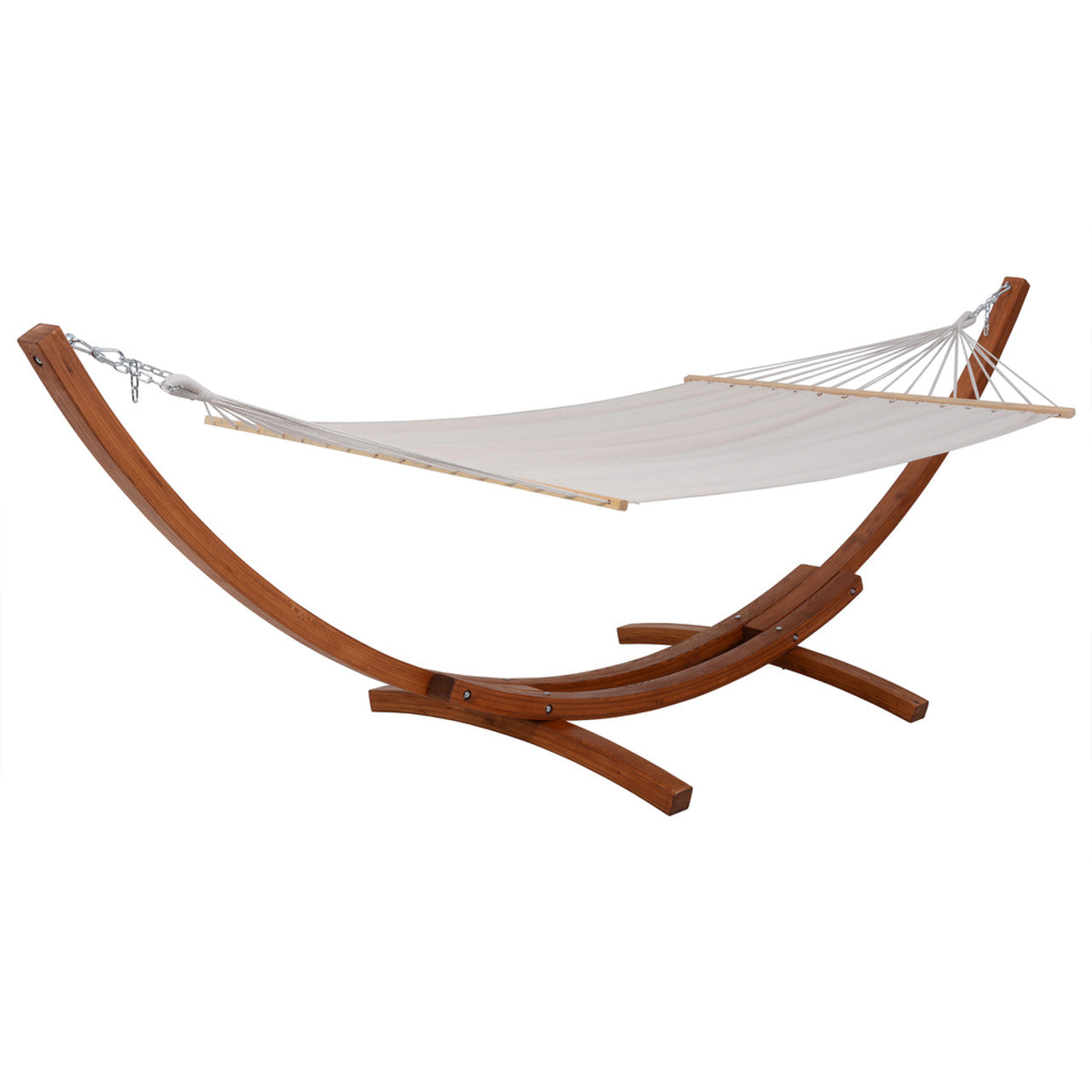 Outdoor cedar wood hammock with white fabric sling and curved wooden end frames