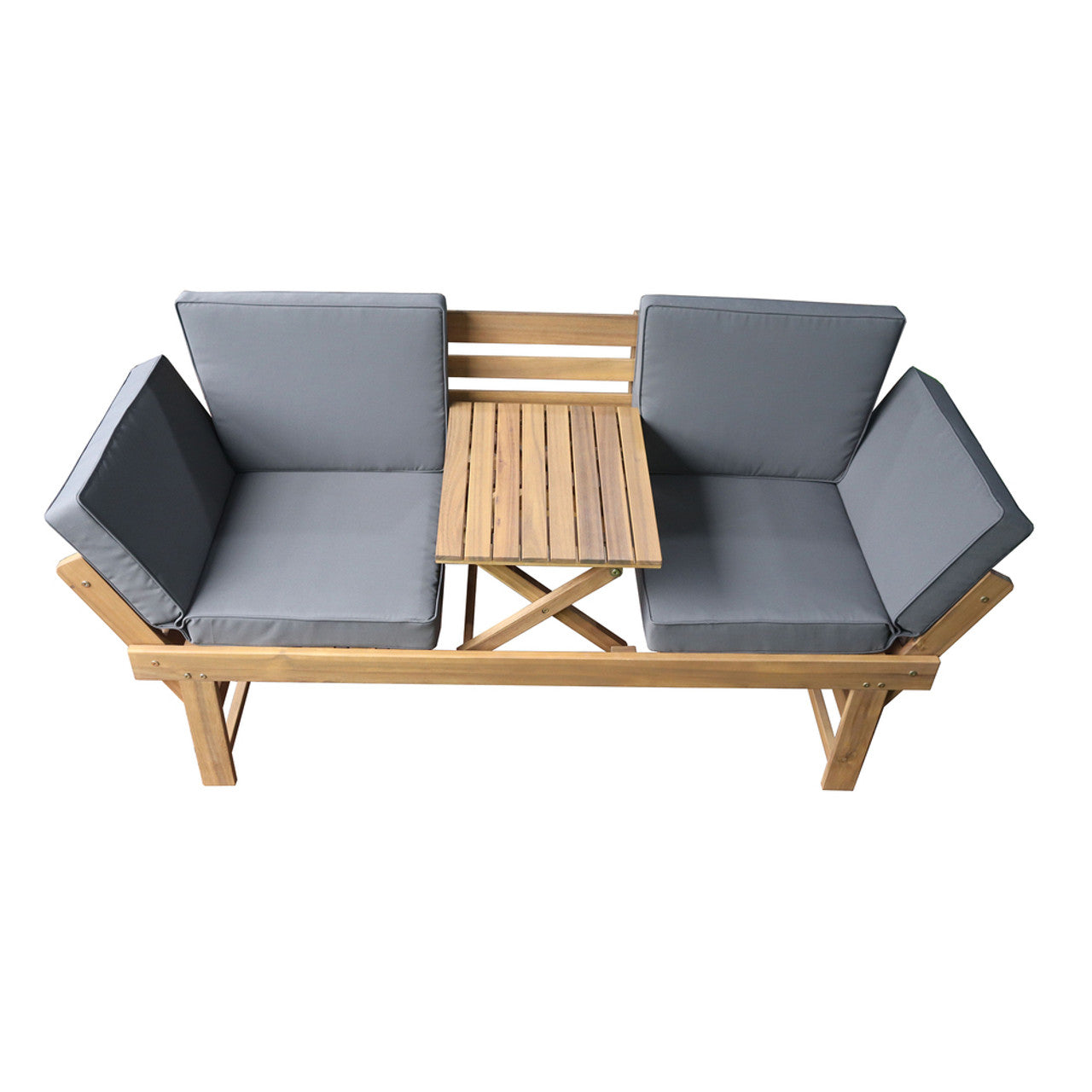 Outdoor acacia wood patio bench with fold-down table, gray cushions and side panels