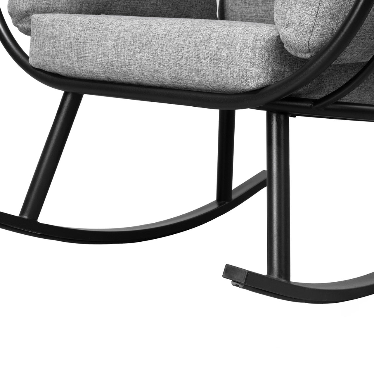 Outdoor rocking patio egg chair with gray fabric seat and black rocker base